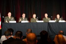 Brig. Gen. Joseph Shrader (second from left), commander of Marine Corps Systems Command, participates in a panel discussion at the Interservice/Industry Training, Simulation and Education Conference Dec. 2 in Orlando, Florida. Other panelists included (from left): Brig. Gen. Raymond Descheneaux, assistant deputy commandant for Aviation; Brig. Gen. Julian Alford, Marine Corps Warfighting Lab commanding general; Maj. Gen. James Lukeman, Training and Education Command commanding general; and Gen. Robert Neller, commandant of the Marine Corps. 