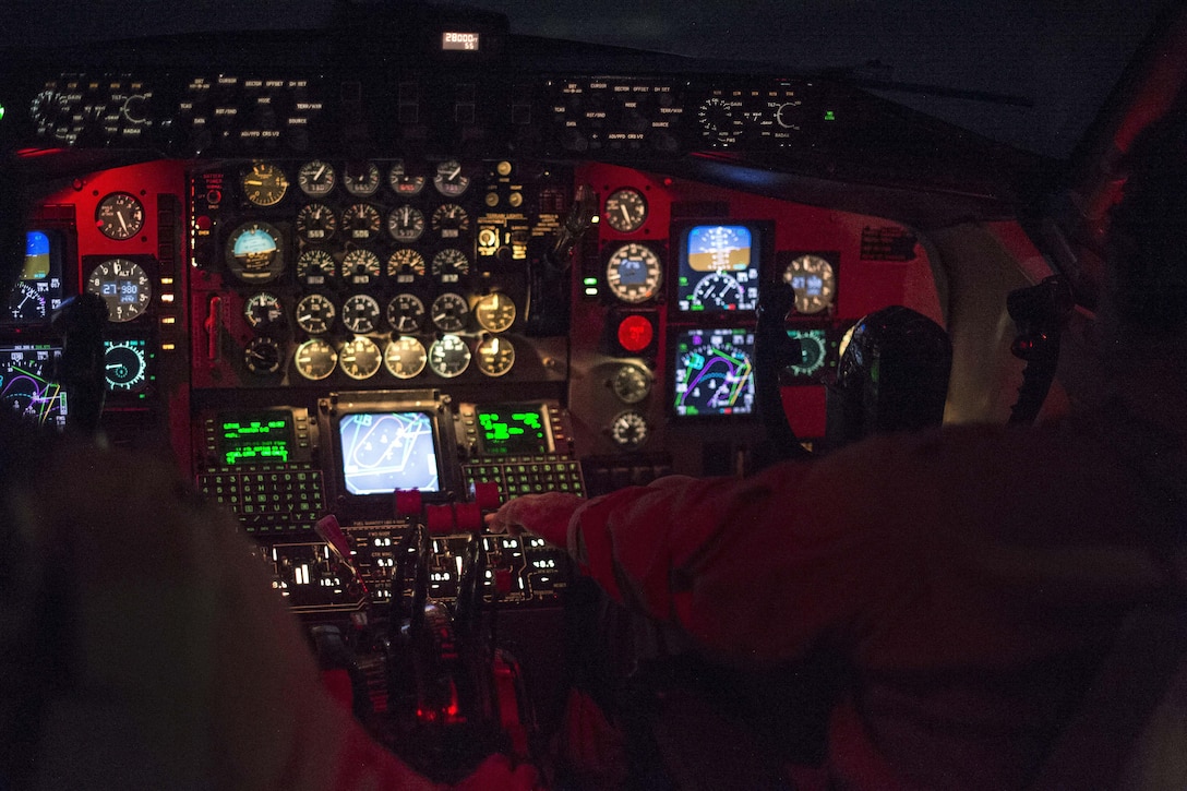 U.S. Air Force Maj. Joseph Corpening flies a KC-135T Stratotanker aircraft in support of Operation Inherent Resolve over Southwest Asia, Nov. 24, 2015. Corpening is a pilot assigned to the 340th Expeditionary Air Refueling Squadron. U.S. Air Force photo by Staff Sgt. Corey Hook