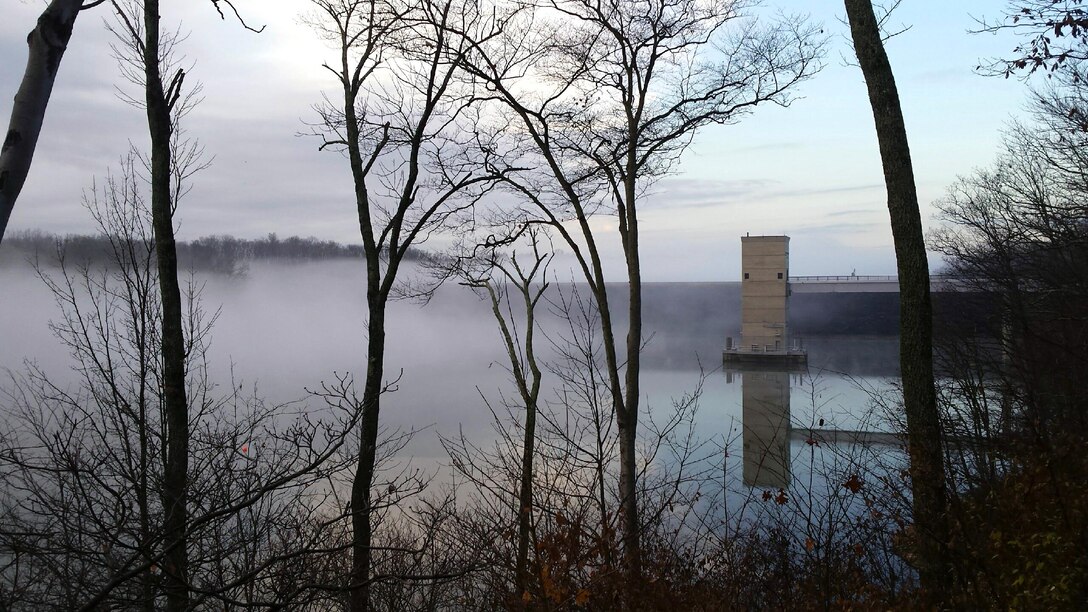 Winter fog rises off Caesar Creek Lake, Waynesville, Ohio.