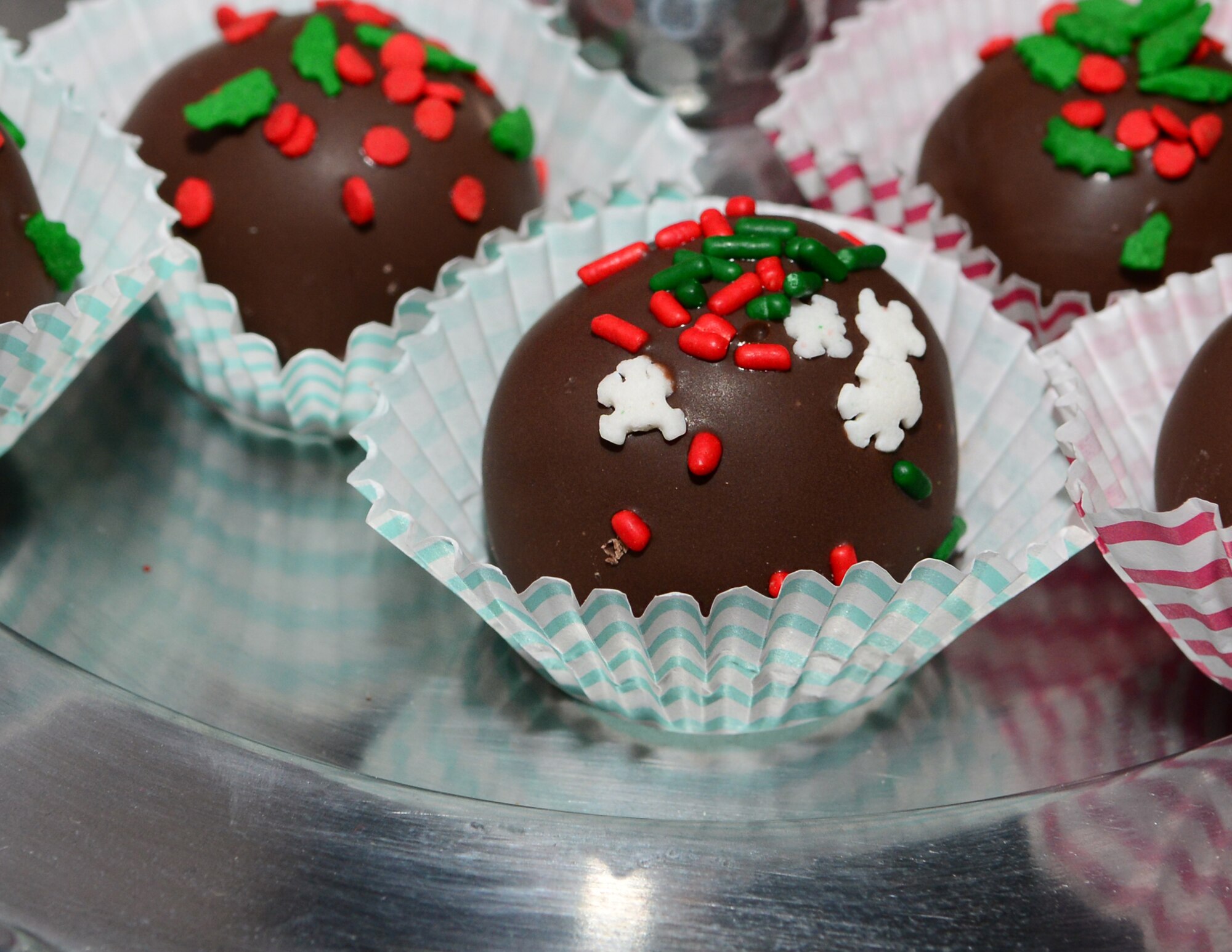 Chocolate treats are displayed on a table during the Mighty Eighth Festivus celebration at Barksdale Air Force Base, La., Dec. 2, 2015. Jambalaya, hot wings, along with sugary sweets and eggnog were served. (U.S. Air Force photo/Senior Airman Benjamin Raughton)