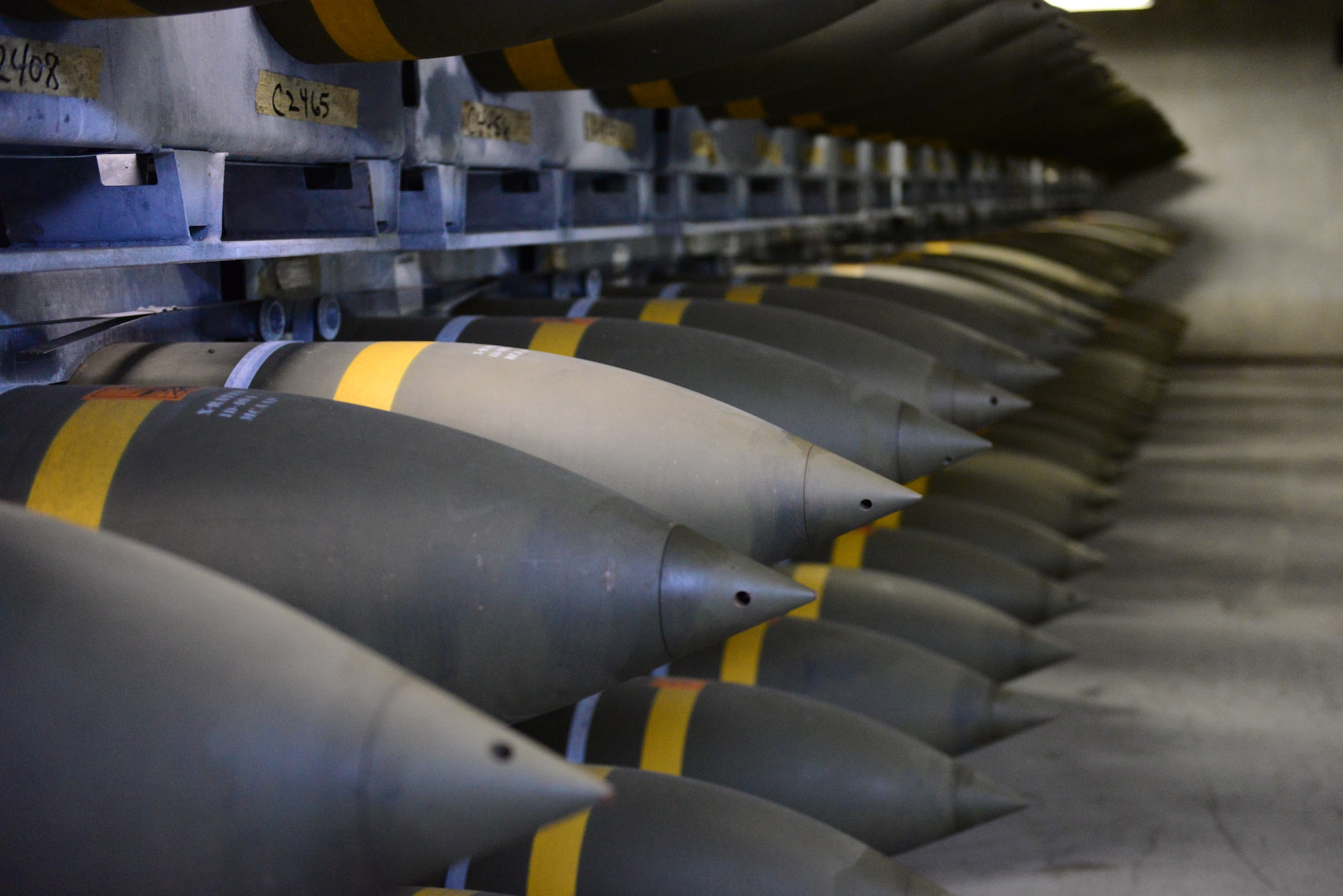 Rows of bombs fill a munitions storage bunker at Osan Air Base, Republic of Korea, Nov. 17, 2015. The 51st Munitions Squadron provides storage of fight tonight assets all kept ready 24-7 in their high security-buildings.
(U.S. Air Force photo/Staff Sgt. Amber Grimm)