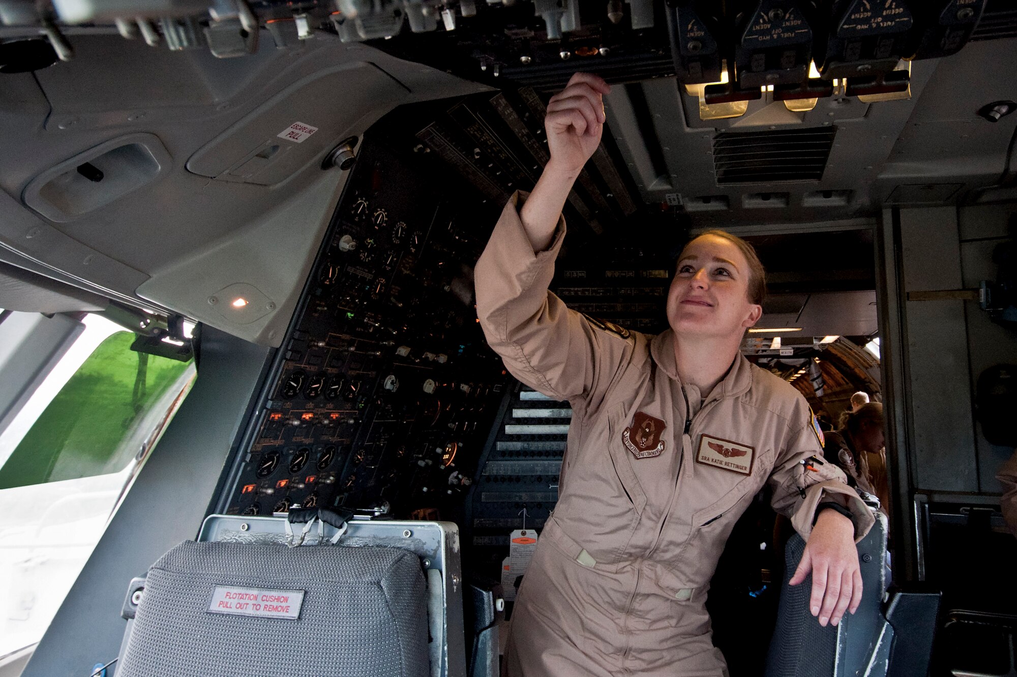 Senior Airman Katie Rettinger, a flight engineer with the 78th Air Refueling Squadron, prepares a KC-10 Extender tanker airplane for a flight Sept. 22, 2015, at Joint Base McGuire-Dix-Lakehurst, N.J. Rettinger is the first Airman to enlist directly into a KC-10 flight engineer position without having prior experience in another military profession. (U.S. Air Force photo by Shawn J. Jones)