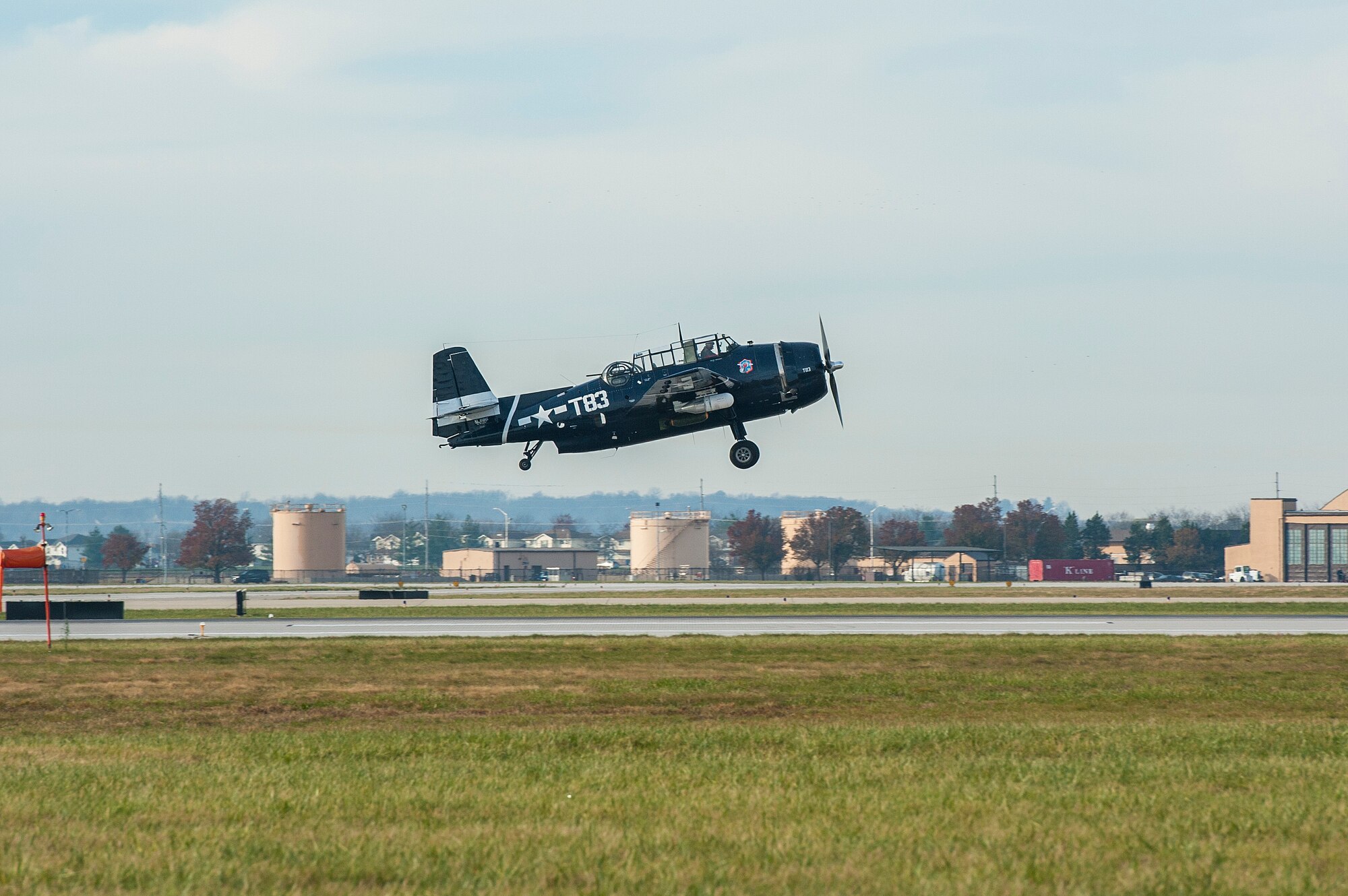 The 375th Operations Support Squadron assisted Brad Deckert with his 1945 TBM Torpedo Bomber Nov. 22, 2015, at Scott Air Force Base, Ill. Deckert came from Hawaii, where he performed his most recent airshow with the Torpedo Bomber. While at Scott repairs were being made to the aircraft in hopes of flying it back home. (U.S. Air Force photo/ Airman 1st Class Kiana Brothers)