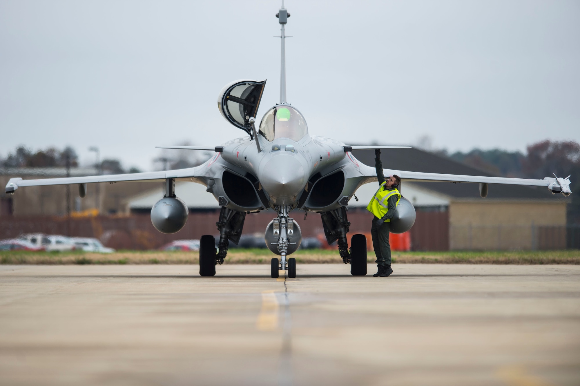 A French Air Force (FrAF) Dassault Rafale arrives for the inaugural Trilateral Exercise at Langley Air Force Base, Va., Dec. 1, 2015. The FrAF, the British Royal Air Force Eurofighter Typhoon and the U.S. Air Force F-22 Raptor will be the primary aircraft participating in the exercise, with the adversary aircraft being replicated by the T-38 Talon and F-15E Strike Eagles. (U.S. Air Force photo by Senior Airman Kayla Newman)