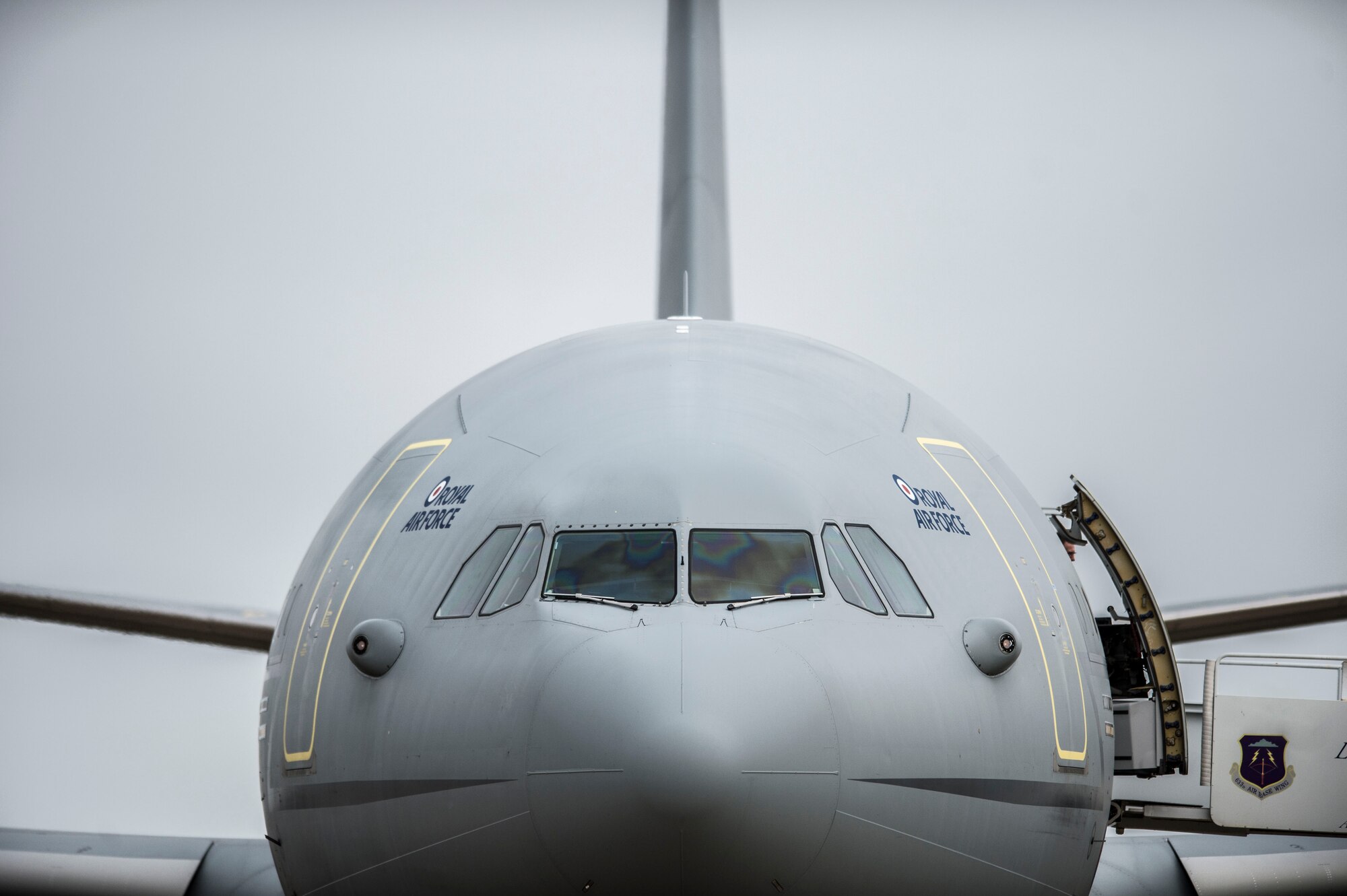 An aircraft assigned to the British Royal Air Force (RAF) arrives at Langley Air Force Base, Va., Dec. 1, 2015. The RAF, along with the French Air Force, is conducting a Trilateral Exercise with the U.S. Air Force at Joint Base Langley-Eustis, Virginia. (U.S. Air Force photo by Senior Airman Kayla Newman)