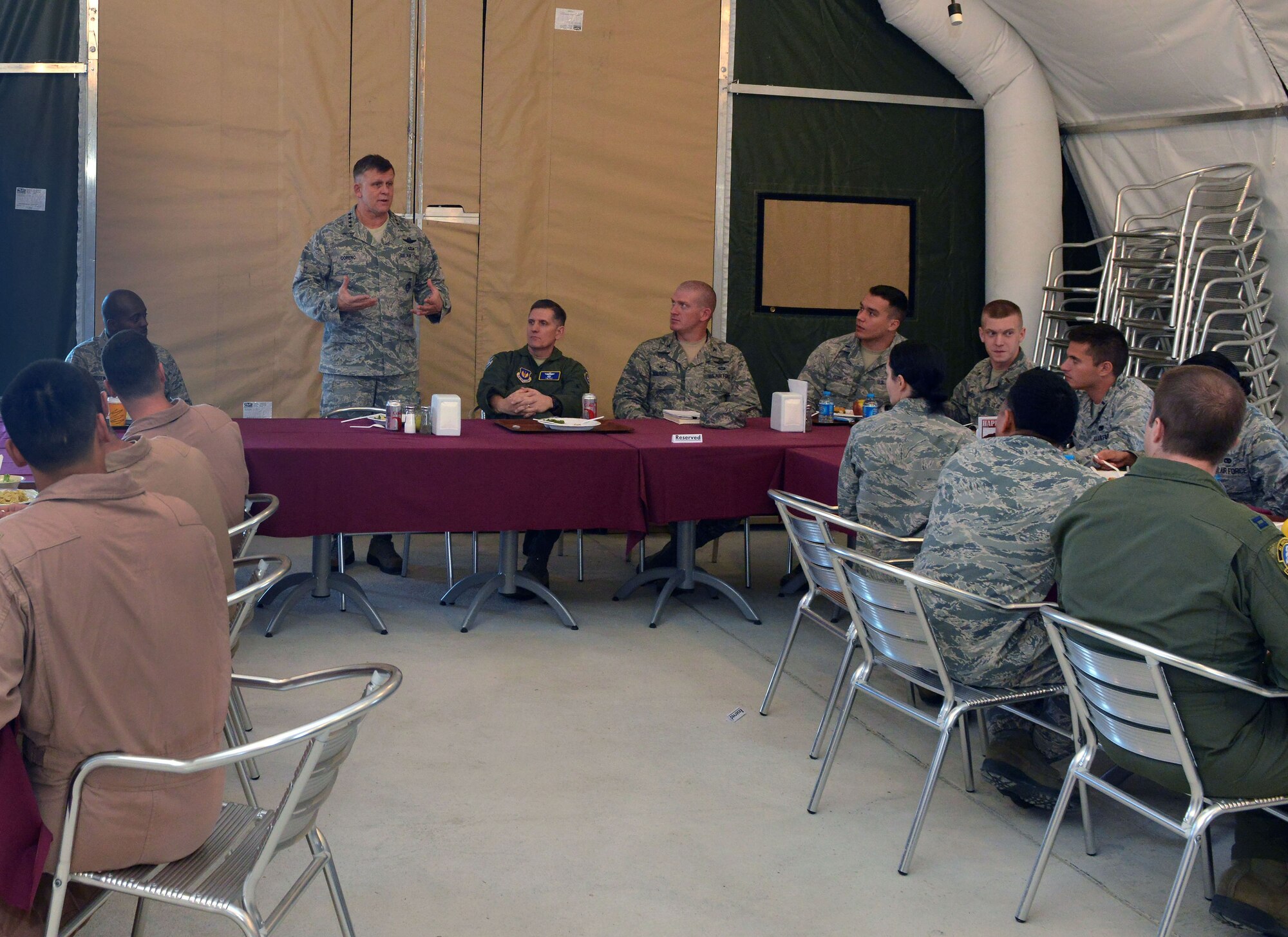 Gen. Frank Gorenc, U.S. Air Forces in Europe and Air Forces Africa commander, speaks with company grade officers during a base visit Dec. 1, 2015, at Incirlik Air Base, Turkey. Gorenc spoke with Airmen, both deployed and stationed at Incirlik, about the current mission and status of the U.S. Air Force. (U.S. Air Force photo by Staff Sgt. Michael Battles/Released)