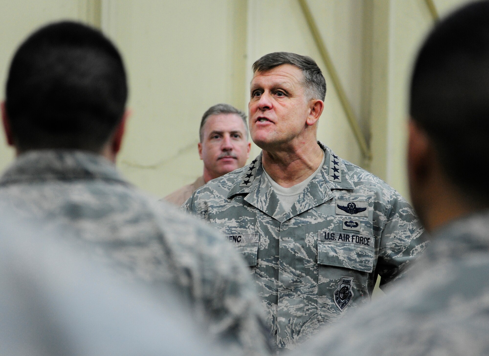 Gen. Frank Gorenc, U.S. Air Forces in Europe and Air Forces Africa commander, speaks with Airmen about current and future operations, Dec. 1, 2015, at Incirlik Air Base, Turkey. Gorenc toured Incirlik AB and visited Airmen deployed to Turkey in support of Operation Inherent Resolve. (U.S. Air Force photo by Senior Airman Krystal Ardrey/Released)