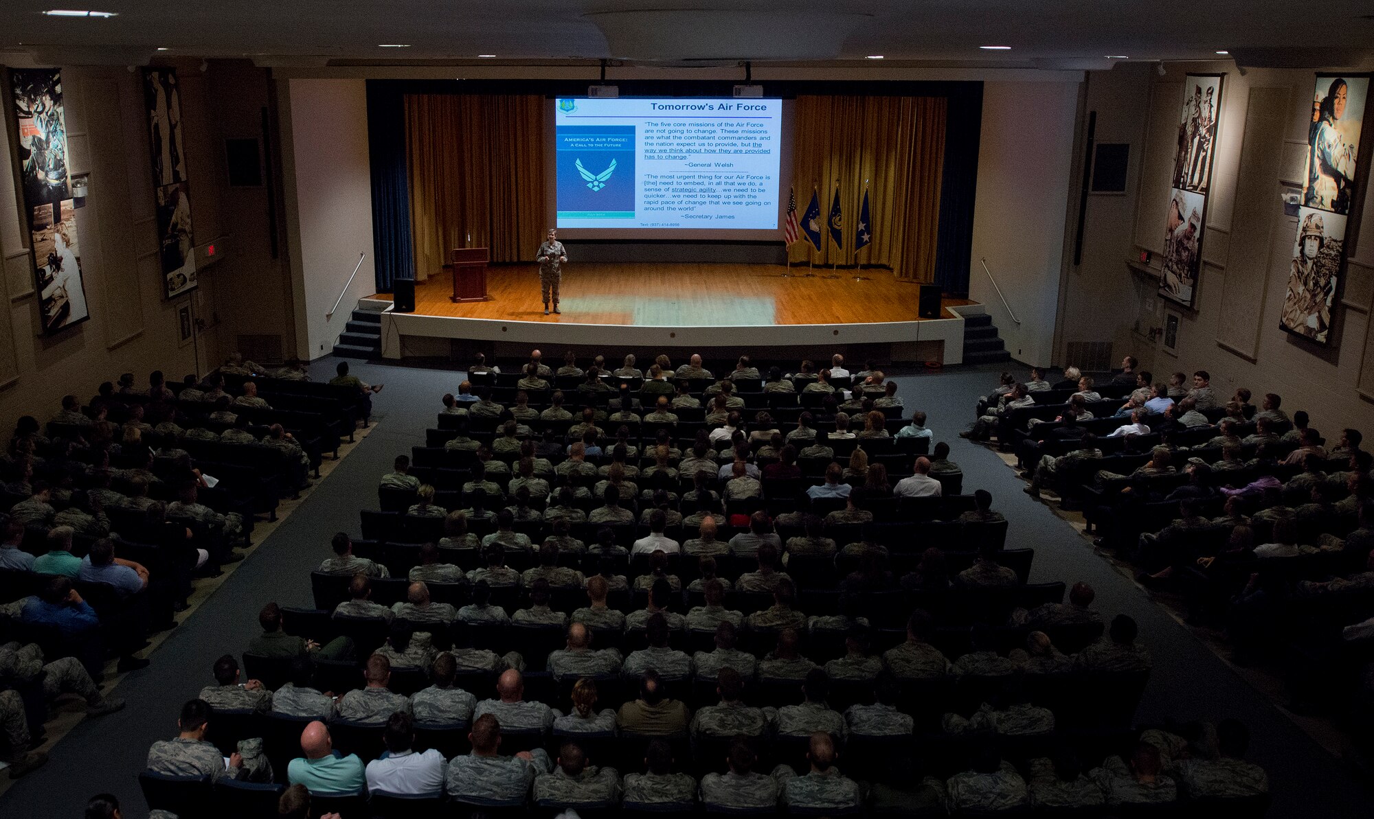 Gen. Ellen M. Pawlikowski, the Air Force Materiel Command commander, speaks to the audience of Airmen and civilians during her Commander’s Call Dec. 1 at Eglin Air Force Base, Fla.  The Call was the last stop of her immersion visit to the base.  (U.S. Air Force photo/Samuel King Jr.)