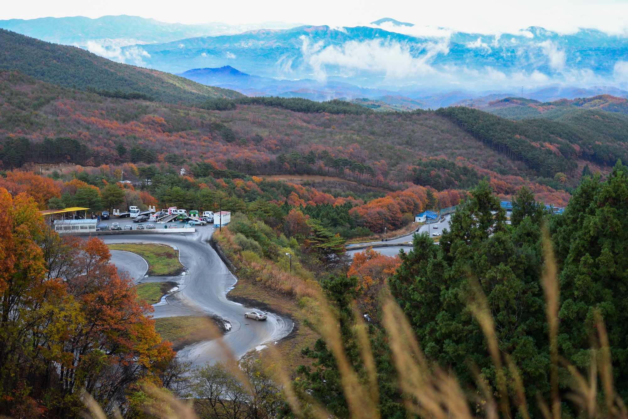 A drifter takes a turn on the school course at Ebisu Circuit, Japan, Nov. 14, 2015. Ebisu circuit, one of the most well-known drifting circuits in the world, is a combination of seven individual tracks, two skid pan type circuits and a zoo. (U.S. Air Force photo by Airman 1st Class Elizabeth Baker/Released)