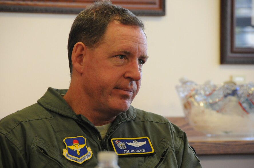 U.S. Air Force Maj. Gen. James Hecker, 19th Air Force commander, listens to a briefing by 173rd Fighter Wing commander, Col. Kirk Pierce, at Kingsley Field in Klamath Falls, Oregon, Nov. 18, 2015.  Hecker spent two days at Kingsley Field seeing the wing’s mission first hand, meeting the Airmen, and learning about the issues they face.   (U.S. Air National Guard photo by Master Sgt. Jennifer Shirar/released)