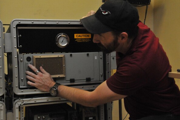 The roll on beyond line of sight enhancement, a tactical communication system was developed by Northrop-Grumman in 2003. Since being placed on the KC-135 Stratotanker in 2008 it has achieved 50,000 operational hours. (U.S. Air Force photo by Tech. Sgt. Terrica Y. Jones/Released)