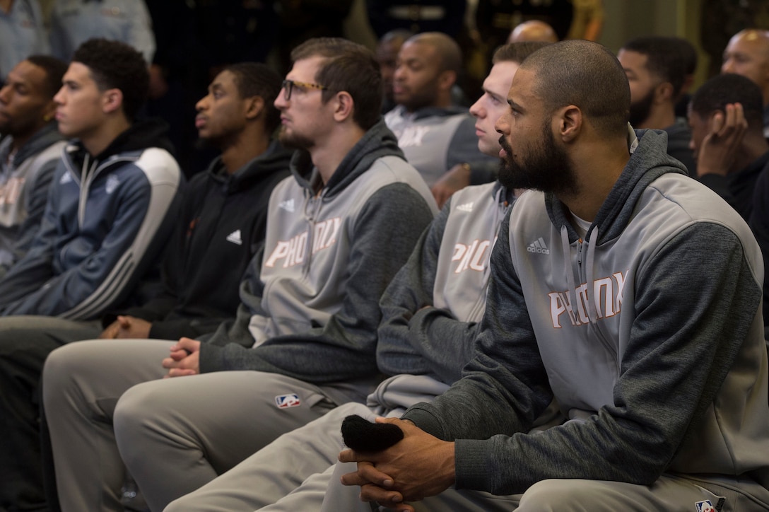 Members of the Phoenix Suns basketball team listen to Defense Secretary Ash Carter at the Pentagon, Dec 3, 2015. DoD photo by Petty Officer 1st Class Tim D. Godbee