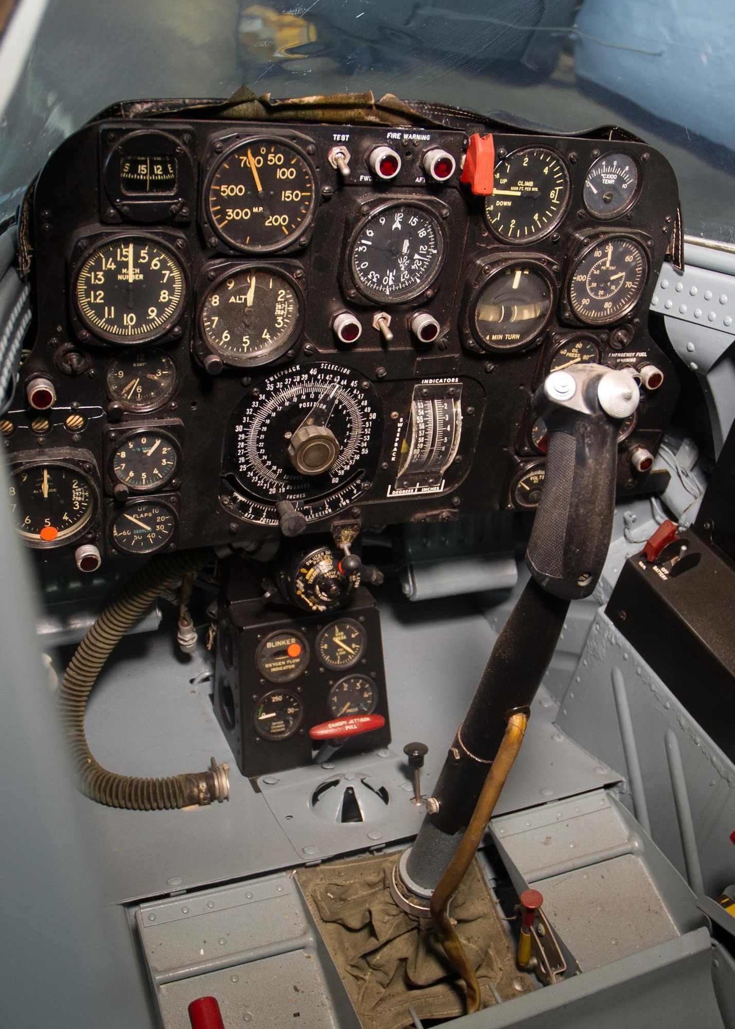 Bell X-5 cockpit in the Research & Development Gallery at the National Museum of the United States Air Force. (U.S. Air Force photo by Ken LaRock)