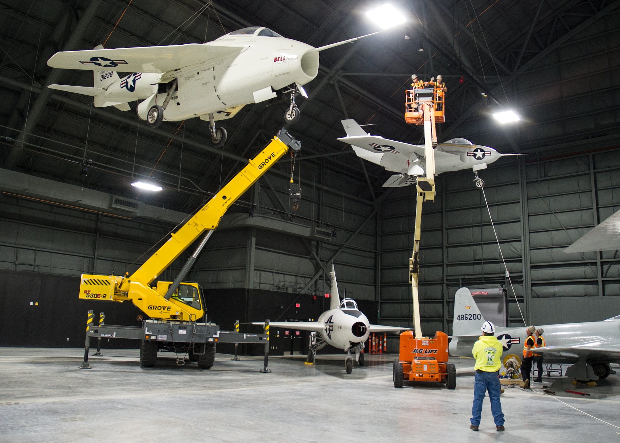 Restoration staff move R&D aircraft into position within the new fourth building at the National Museum of the U.S. Air Force in November 2015. (U.S. Air Force photo)