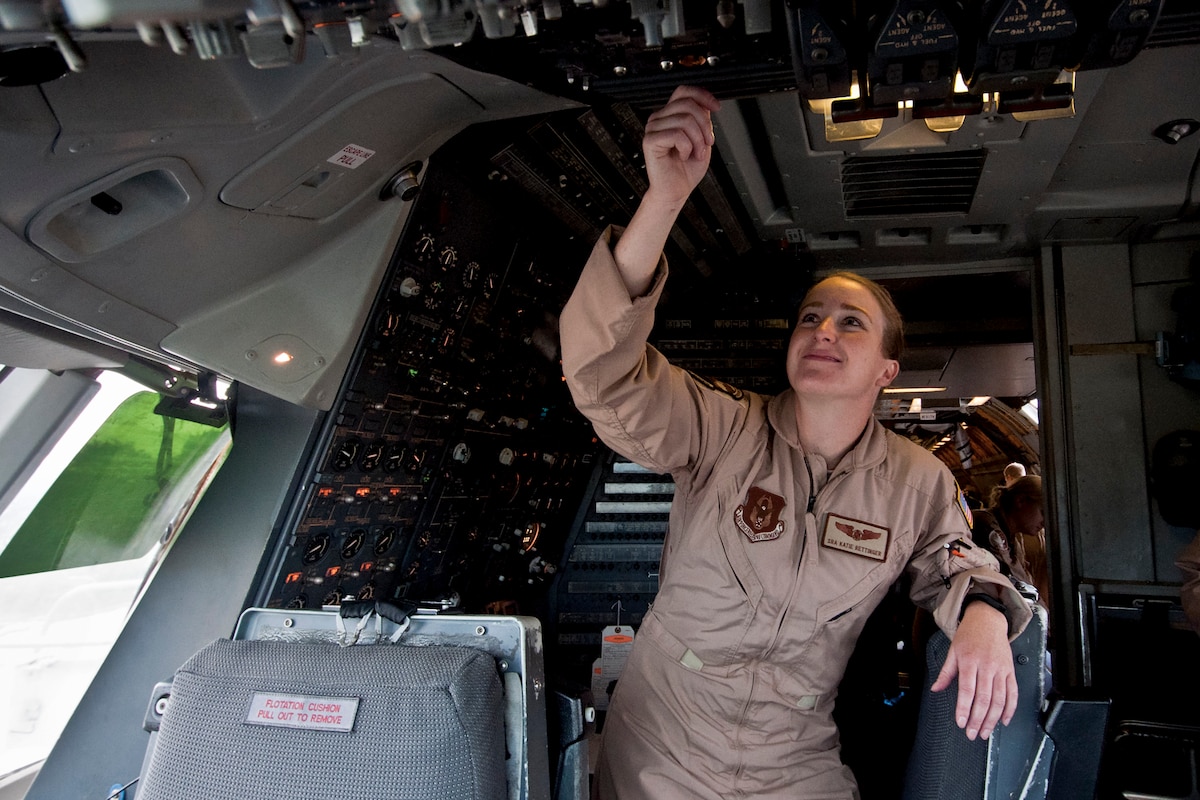 Senior Airman Katie Rettinger, a flight engineer with the 78th Air Refueling Squadron, prepares a KC-10 Extender tanker airplane for a flight Sept. 22, 2015, at Joint Base McGuire-Dix-Lakehurst, N.J. Rettinger is the first Airman to enlist directly into a KC-10 flight engineer position without having prior experience in another military profession. (U.S. Air Force photo by Shawn J. Jones)