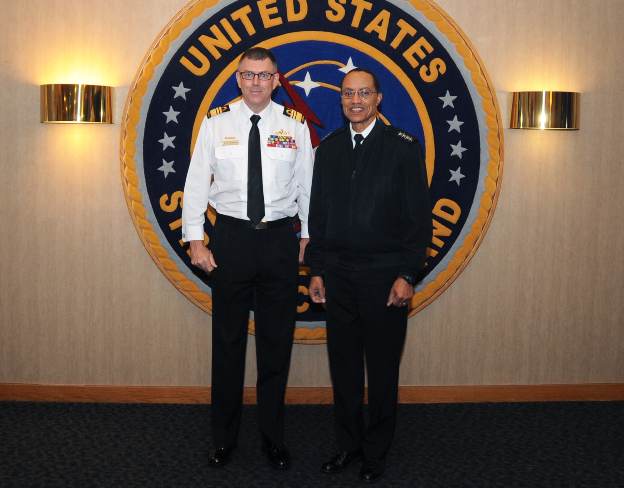 U.S. Navy Adm. Cecil D. Haney (right), U.S. Strategic Command (USSTRATCOM) commander, poses for a photo with Royal Australian Navy Vice Adm. Raymond J. Griggs, Vice Chief of the Australian Defence Force, during Griggs’ visit to USSTRATCOM headquarters, Offutt Air Force Base, Neb., Nov. 30, 2015. While here, Griggs participated in a series of discussions with USSTRATCOM senior leaders to gain a better understanding of the command and its missions. Hosting Griggs’ visit is one of many of USSTRATCOM’s ongoing efforts to build and maintain enduring relationships with partner nations to confront the broad range of global challenges. One of nine DoD unified combatant commands, USSTRATCOM has global strategic missions, assigned through the Unified Command Plan, which include strategic deterrence; space operations; cyberspace operations; joint electronic warfare; missile defense; intelligence, surveillance and reconnaissance; combating weapons of mass destruction; and analysis and targeting. (USSTRATCOM photo by Steve Cunningham)