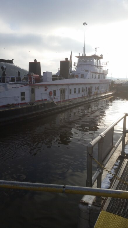 ST. PAUL, Minn. -- The Motor Vessel Charlie G is locked through Lock and Dam 2, near Hastings, Minnesota, Dec. 3. The vessel is the last tow to head south for the 2015 navigation season. 