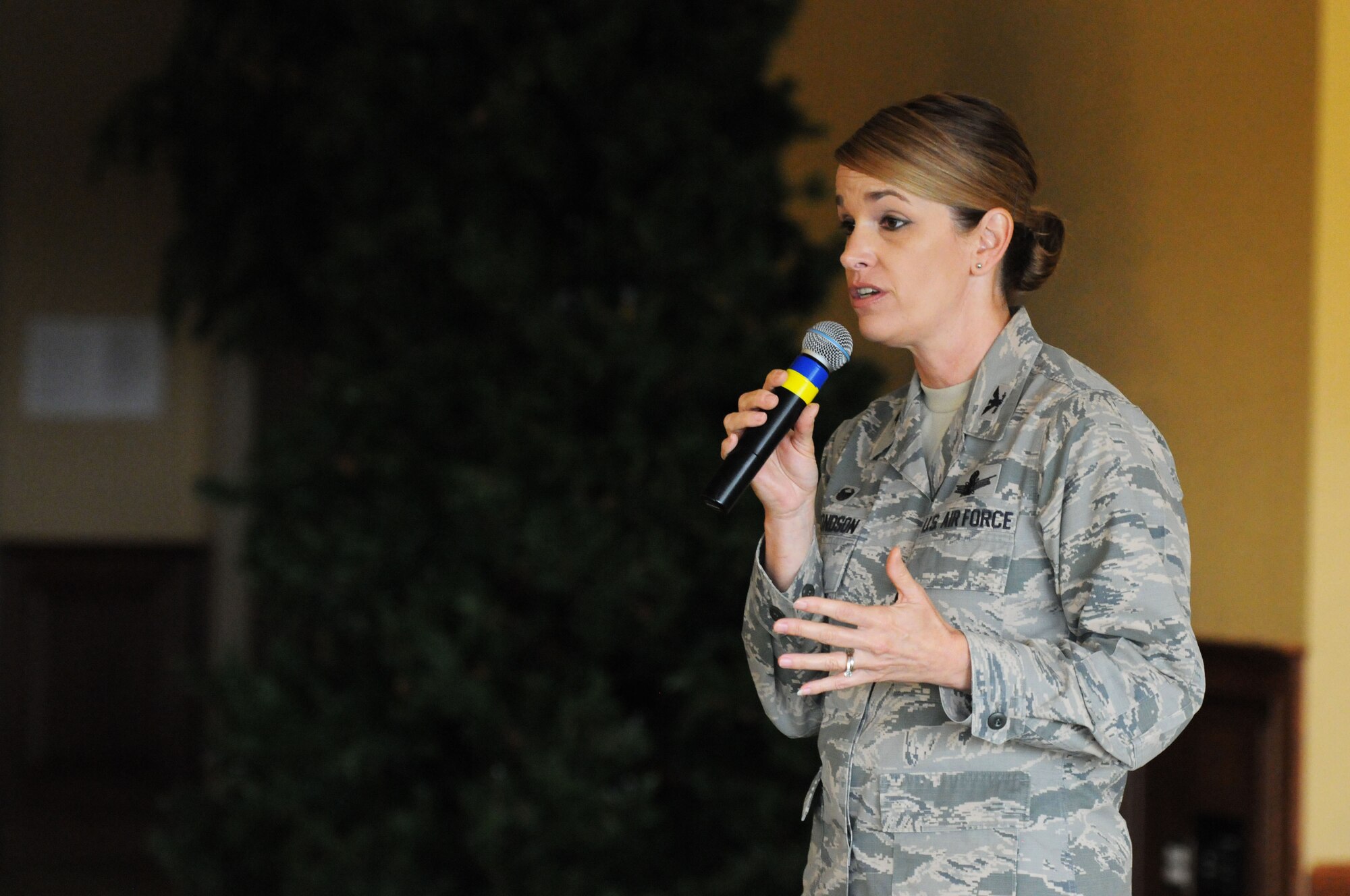 Col. Michele Edmondson, 81st Training Wing commander, speaks to attendees during the Biloxi Chamber of Commerce Morning Call at the Bay Breeze Event Center Dec. 1, 2015, Keesler Air Force Base, Miss. Keesler hosted the event. (U.S. Air Force photo by Kemberly Groue)