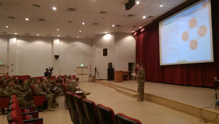 Capt. Steven Coon, an Army National Guard human resources officer for U.S. Army Central’s National Guard Affairs directorate, leads a presentation at a Town Hall in July for Army National Guard Soldiers stationed in Kuwait. Coon was among several officers from USARCENT and 1st Sustainment Command (Theater) along with a college professor, who presented their research findings at the 2015 U.S. Army Operations Research Symposium held at Aberdeen Proving Ground, Md. in October. He said there was no process to capture the names of Soldiers willing to extend in theater so NGA began collecting them and placing them into a database.