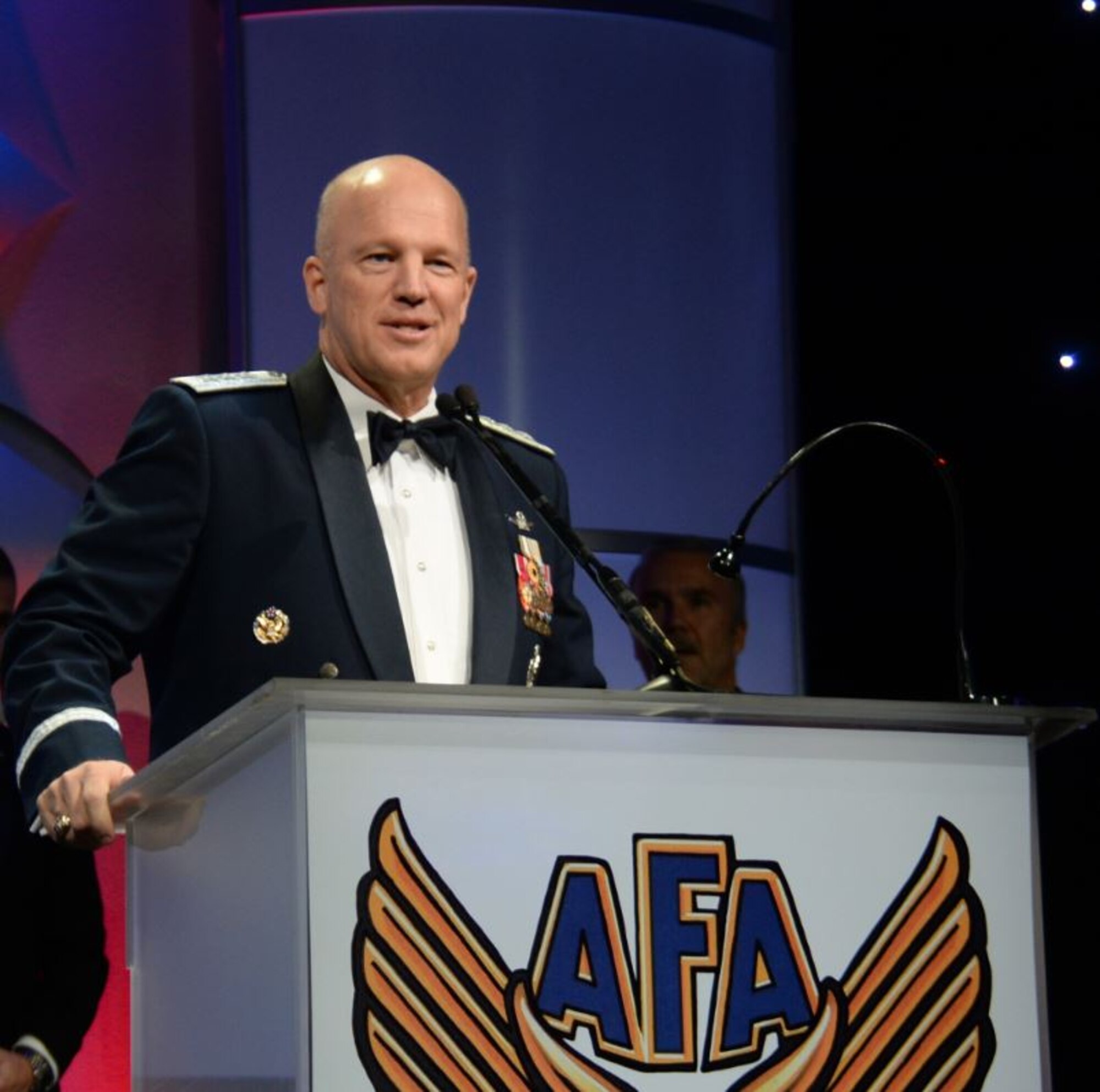 Lt. Gen. John Raymond, Headquarters U.S. Air Force deputy chief of staff for operations, gives an acceptance speech after receiving the Air Force Association General Thomas D. White Space Award Nov. 20, 2015. Air Force Chief of Staff Gen. Mark A. Welsh III nominated Raymond for this award for his role as the 14th Air Force and Air Force Space Command commander, and Joint Functional Component Command for Space and U.S. Strategic Command commander. (Courtesy photo/Shelly Kemp)