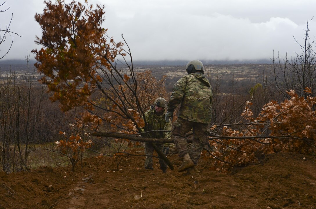 U.S. Army Sgt. 1st Class Edward Barnett, right, and Spc. James Brown place small trees for concealment at the front of the battle position for their hull-down M1A2 Abrams tank during Exercise Peace Sentinel at Novo Selo Training Center, Bulgaria, Nov. 23, 2015. Barnett is a tank commander and Brown is a gunner, assigned to the 3rd Infantry Division’s 5th Squadron, 7th Cavalry Regiment. U.S. Army photo by Staff Sgt. Steven M. Colvin