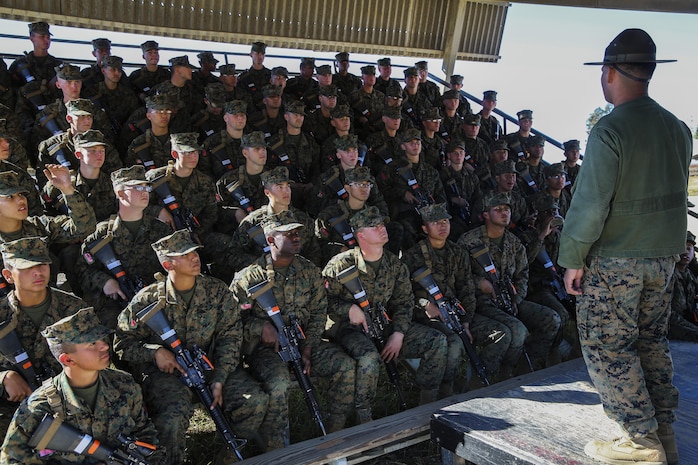 Recruits of Charlie Company, 1st Recruit Training Battalion, learn about the fundamentals of marksmanship during Grass Week at Marine Corps Base Camp Pendleton, Calif., Nov. 2. Throughout Grass Week, PMIs teach recruits trigger control, sight picture, breathing control, sight alignment and natural point of aim. These basic fundamentals pave the way for recruits to become proficient and leave the range as either marksmen, sharpshooters or experts.