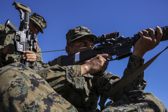 Recruits of Charlie Company, 1st Recruit Training Battalion, practice aiming at targets with simulated recoil during Grass Week at Marine Corps Base Camp Pendleton, Calif., Dec. 2. The platoons spend much of their day conducting practical application, which consists of dry firing with the weapon and getting comfortable with the four shooting positions: prone, sitting, kneeling and standing.