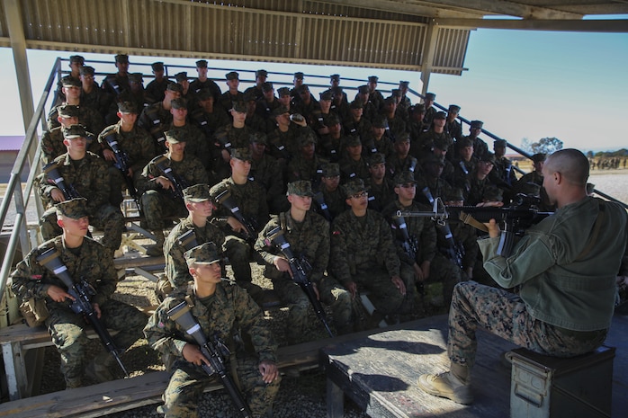 Recruits of Charlie Company, 1st Recruit Training Battalion, learn about the fundamentals of marksmanship during Grass Week at Marine Corps Base Camp Pendleton, Calif., Nov. 2. Throughout Grass Week, PMIs teach recruits trigger control, sight picture, breathing control, sight alignment and natural point of aim. These basic fundamentals pave the way for recruits to become proficient and leave the range as either marksmen, sharpshooters or experts.