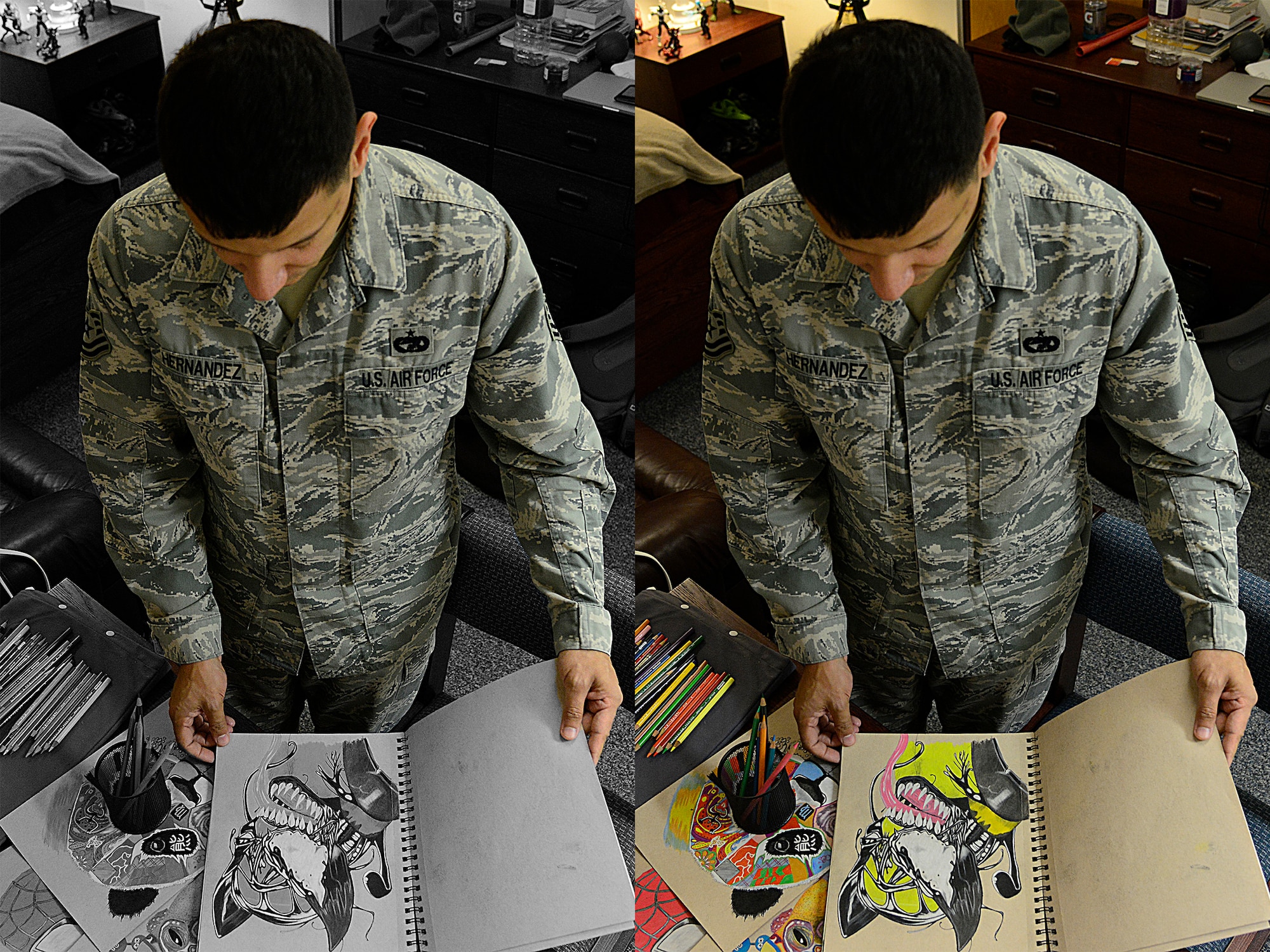 Tech. Sgt. Juan Hernandez, 731st Air Mobility Squadron air terminal operations center senior information controller, looks through his sketch book on Osan Air Base, Republic of Korea, Dec. 3, 2015. Hernandez learned early on that he could not see many colors on the electromagnetic spectrum that are visible to the human eye, but prevailed in learning how to draw detailed and vibrant works of art. (U.S. Air Force photo illustration/Senior Airman Kristin High)