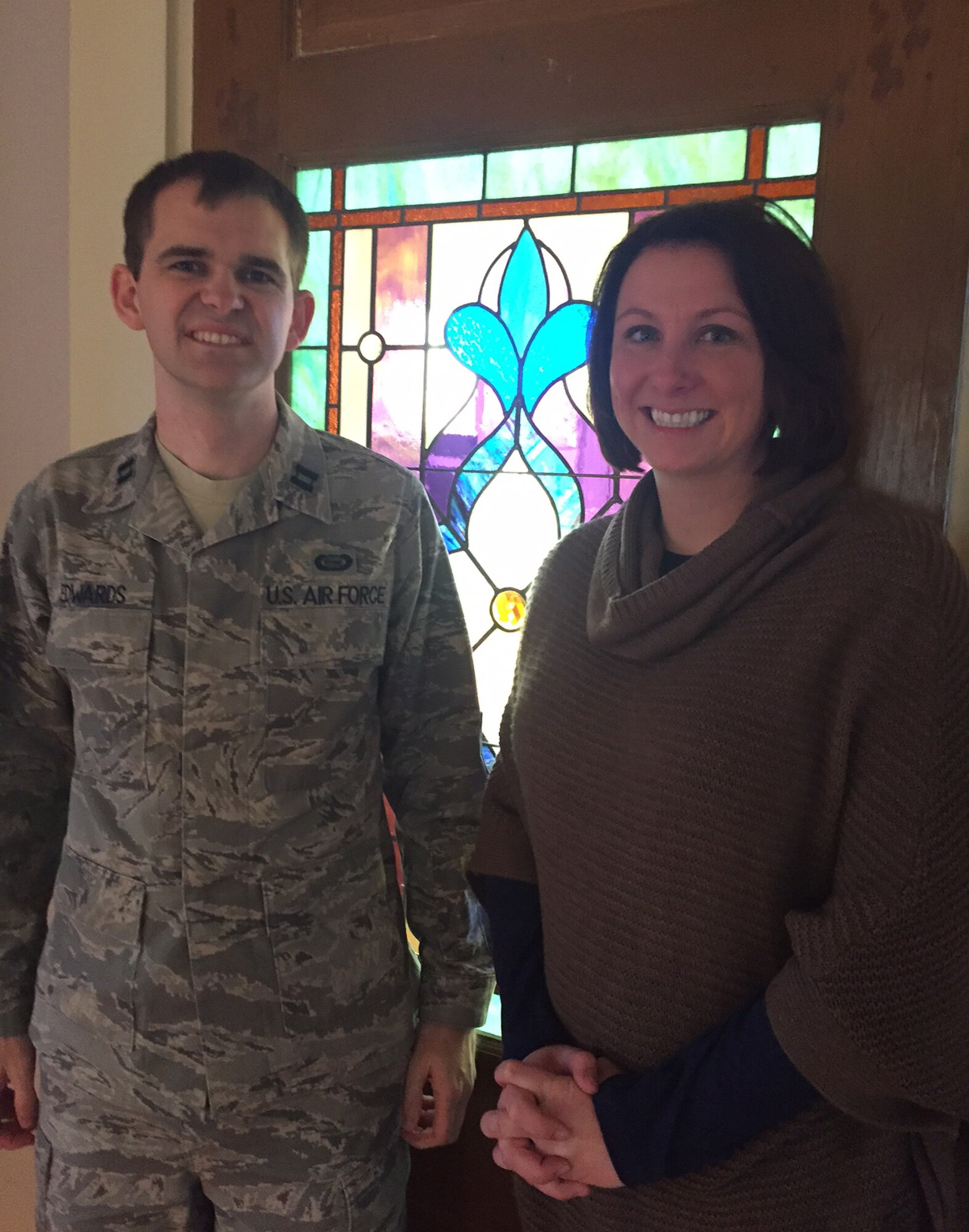 Sexual assault victim advocates at Wright-Patterson Air Force Base include Capt. Robert Edwards, of the National Air and Space Intelligence Center, and April Barrows of the Sexual Assault Prevention and Response office staff. The program is based at the Arnold House, Bldg. 8, Area A. (Skywrighter photo/Amy Rollins)