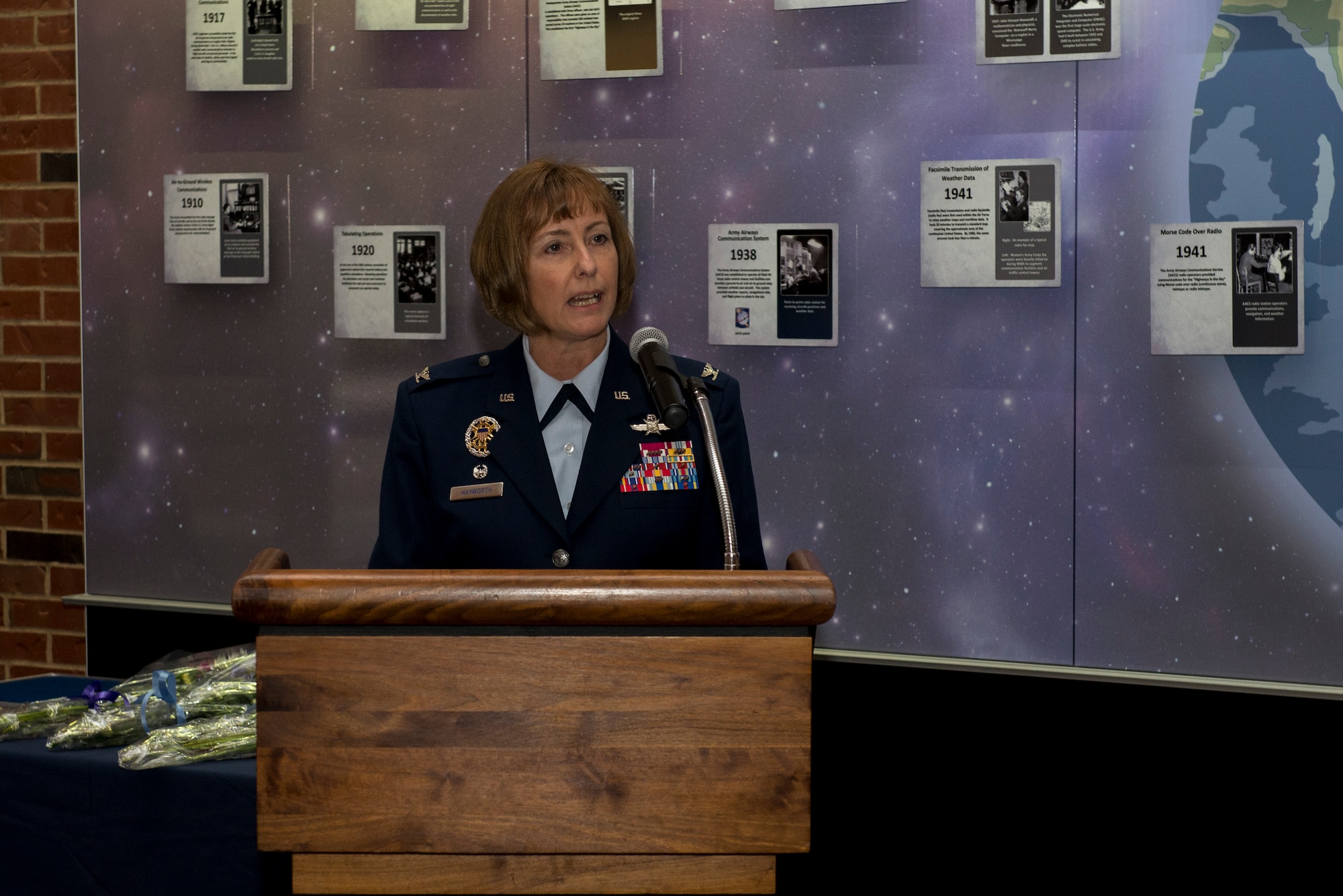 Col. Michelle Hayworth, 688th Cyberspace Wing Commander, addresses the audience during the activation of the Cyberspace Operations Group Dec. 1, 2015 at Scott Air Force Base, Ill. The 688th Cyberspace Operation Group is the third group within the Wing, which will lead in the Air Force’s Cyberspace Protection Team concept by focusing on mission assurance of National, Joint and Service-level missions in all domains- air, space and cyberspace. (U.S. Air Force Photo/Senior Airman Joshua Eikren)