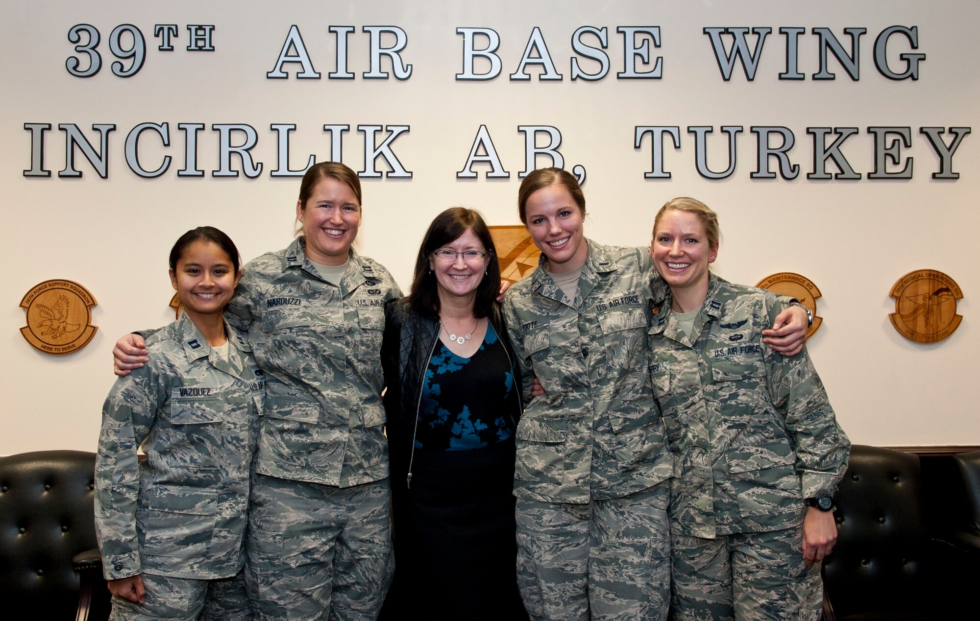 Ricki Selva, U.S. Air Force Academy graduate, visits with fellow female academy alumni Nov. 25, 2015 at Incirlik Air Base, Turkey. Mrs. Selva, a graduate of the first female inclusive class of the Air Force Academy, instructed the Airmen to always strive to better the service. Mrs. Selva has played a key role in raising awareness about sexual harassment and sexual assault across the Air Force and at the academy. (U.S. Air Force photo by Staff Sgt. Jack Sanders/Released)