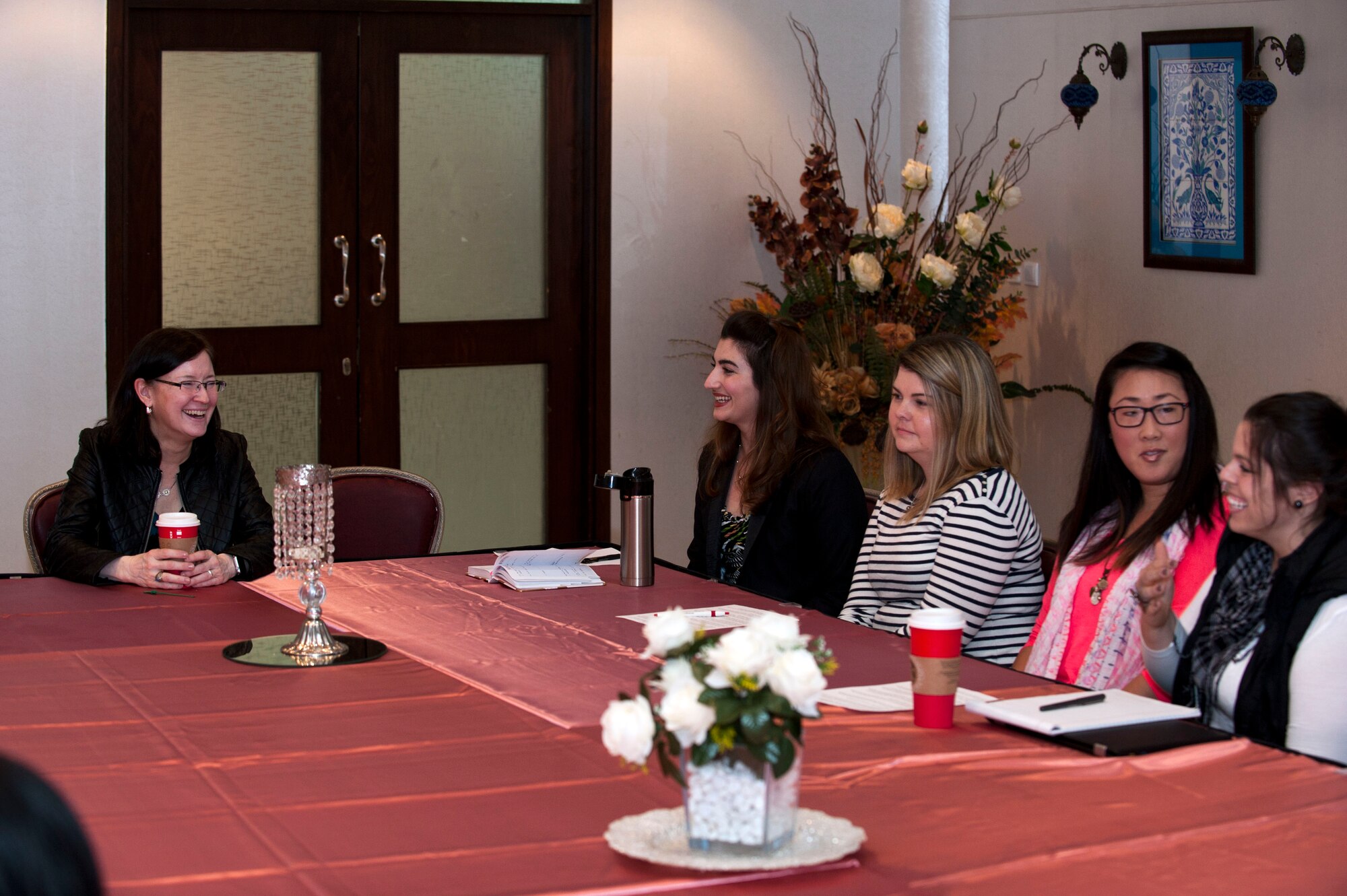 Ricki Selva (left) meets with Incirlik’s Key Spouses during a base visit Nov. 25, 2015, at Incirlik Air Base, Turkey. Mrs. Selva, a member of the first Air Force Academy class to include women and wife of Gen. Paul Selva, Vice Chairman of the Joint Chiefs of Staff, discussed current issues facing Incirlik spouses and provided feedback. (U.S. Air Force photo by Staff Sgt. Jack Sanders/Released)