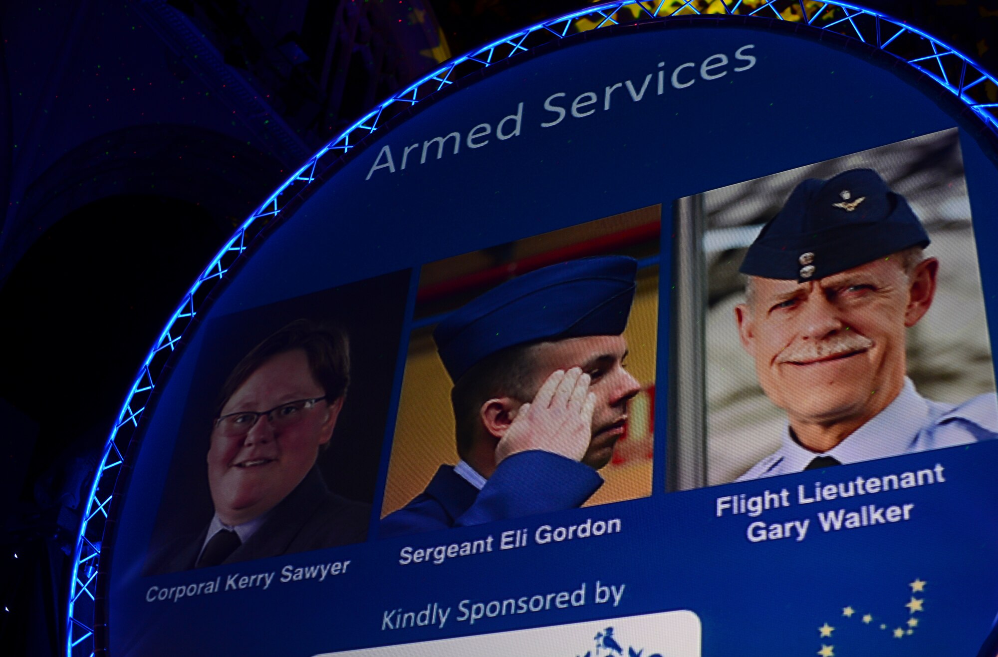 Nominees for the Armed Services Person of the Year award are announced during the Stars of Norfolk and Waveney Awards ceremony at St. Andrews Hall, Norfolk, England, Dec. 3, 2015. Nominees from various categories were recognized for their selfless acts and displays of courage within the local community. (U.S. Air Force photo by Senior Airman Erin Trower)