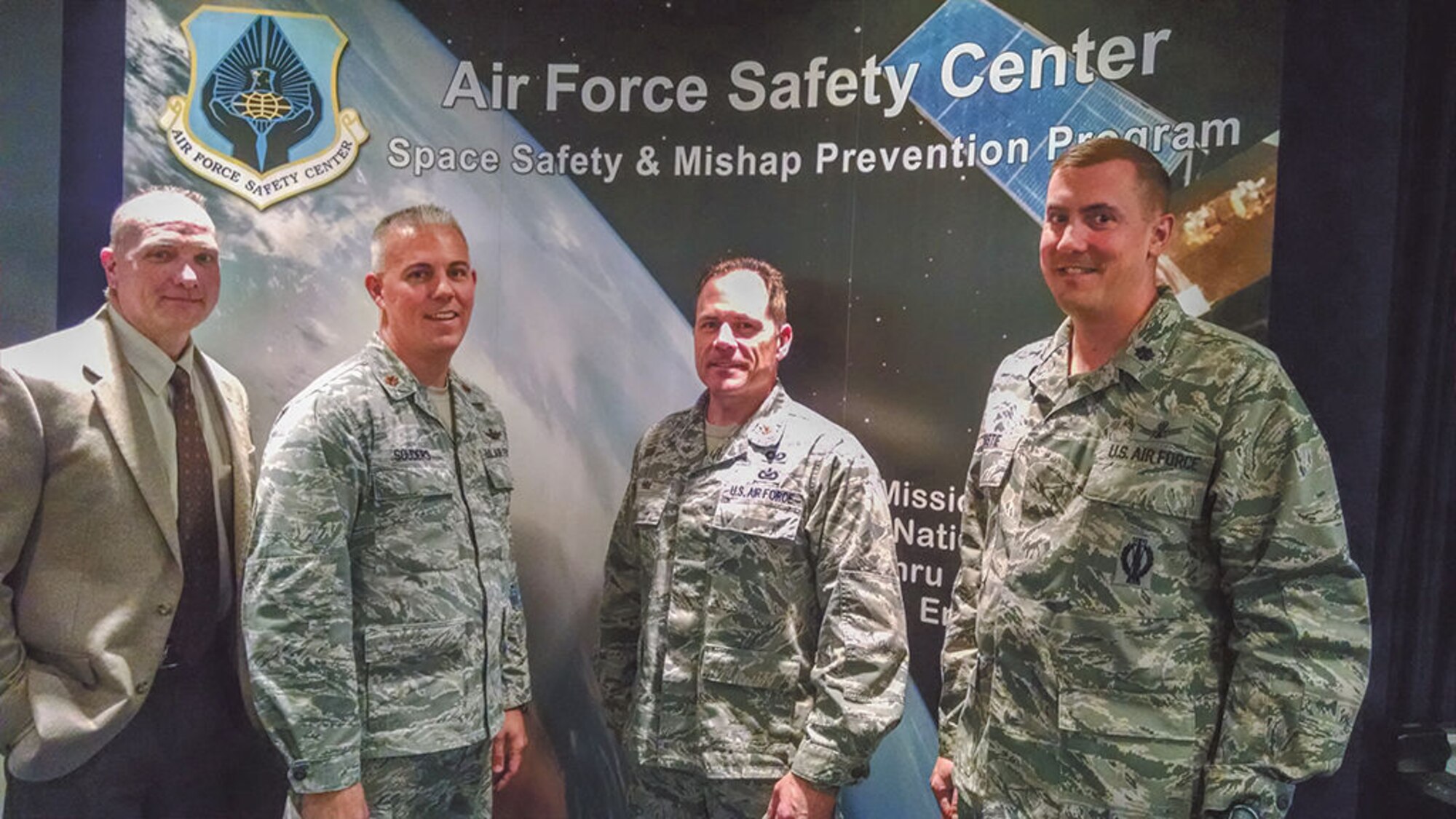 Members of the Air Force Safety Center’s Space Safety Division gather at Kirtland Air Force Base on Nov. 19. From left are Air Force Chief of Space Safety Mark Glissman, Innovation and Development Branch Chief Maj. James Souders, Chief of Staff Maj. Bruce Hill and Launch and Range Branch Chief Lt. Col. Steve Bogstie. (Photo by Ryan Stark)