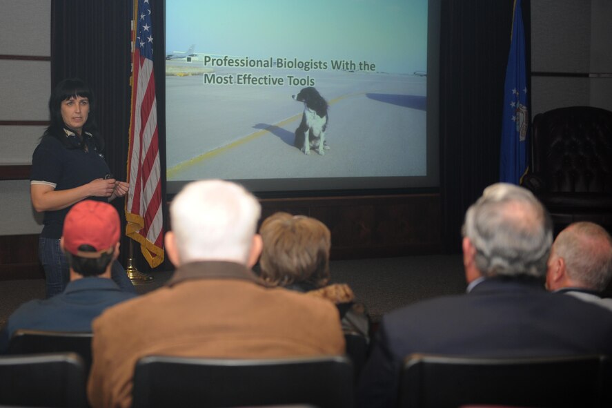 Lauren Caister, 22nd Air Refueling Wing Bird/Wildlife Aircraft Strike Hazard program manager, briefs local landowners about the Landowner Program Dec. 3, 2015, at McConnell Air Force Base, Kan. Caister also talked about the importance landowners in the local community play in keeping McConnell’s Airmen and aircraft safe. (U.S. Air Force photo/Senior Airman Tara Fadenrecht)