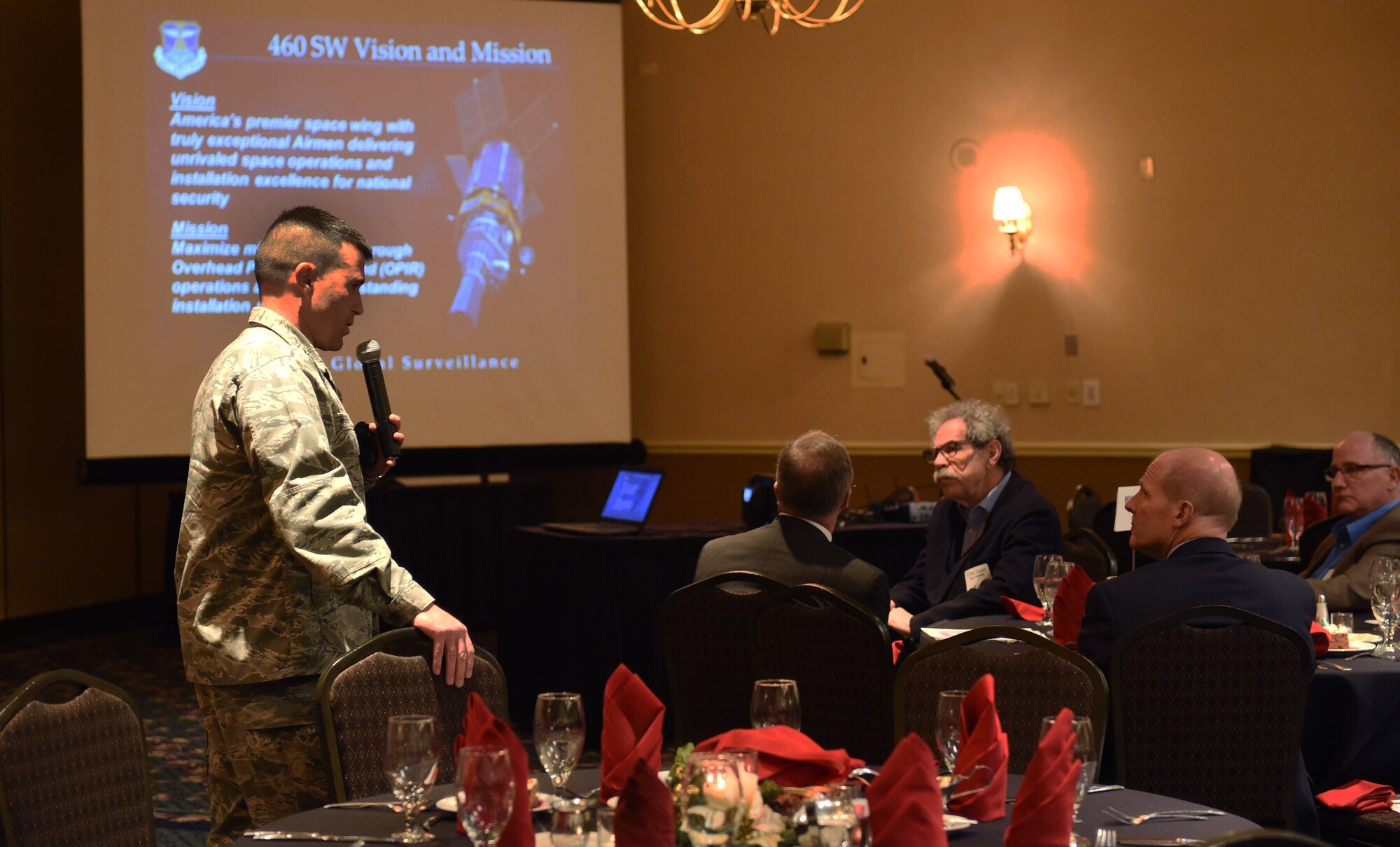 Col. John Wagner, 460th Space Wing commander, spoke to the Adams County Economic Development investor forum Dec. 4, 2015, at the Doubletree Westminster, Westminster, Colo. The forum allowed the wing commander to speak on Buckley Air Force Base’s economic impact, as well as its partnership with the surrounding communities. (U.S. Air Force photo by Airman 1st Class Samantha Meadors/Released)