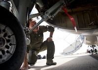 Lt. Col. Michael Theriot, 711th Special Operations Squadron, completes his postflight checks on a C-146 Wolfhound at Duke Field, Fla., Oct. 21.  The Air Force Special Operations Wing aircraft are used specifically in the training and operation of the 919th Special Operations Wing’s nonstandard aviation mission.  (U.S. Air Force photo/Tech. Sgt. Sam King)