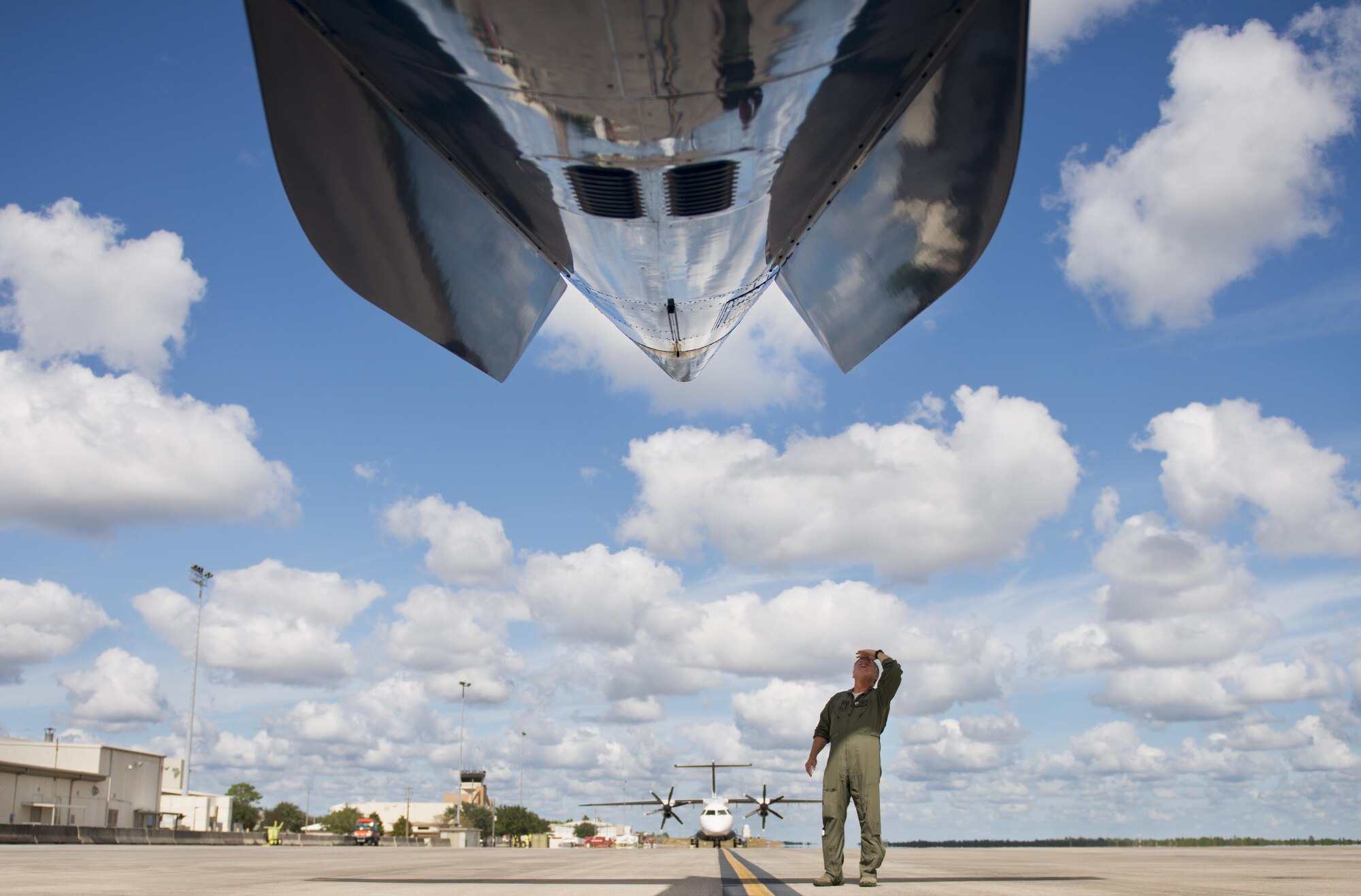 Lt. Col. Michael Theriot, 711th Special Operations Squadron, completes his postflight checks on a C-146 Wolfhound at Duke Field, Fla., Oct. 21.  The Air Force Special Operations Wing aircraft are used specifically in the training and operation of the 919th Special Operations Wing’s nonstandard aviation mission.  (U.S. Air Force photo/Tech. Sgt. Sam King)