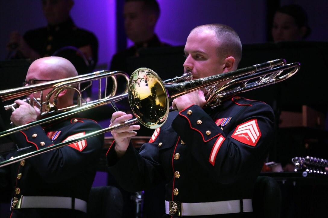 Members of the 2nd Marine Aircraft Wing Band perform on stage during the annual Christmas concert at Marine Corps Air Station Cherry Point, N.C., Dec. 4, 2015. Audience members shared laughs and cheers with other members of the community while also getting the opportunity to donate to the Toys for Tots foundation. The 2nd MAW band has held the traditional concert at the air station as a way to bring both the military and local community together to unwind and share in the holiday spirit. (U.S. Marine Corps photo by Cpl. N.W. Huertas/Released)
