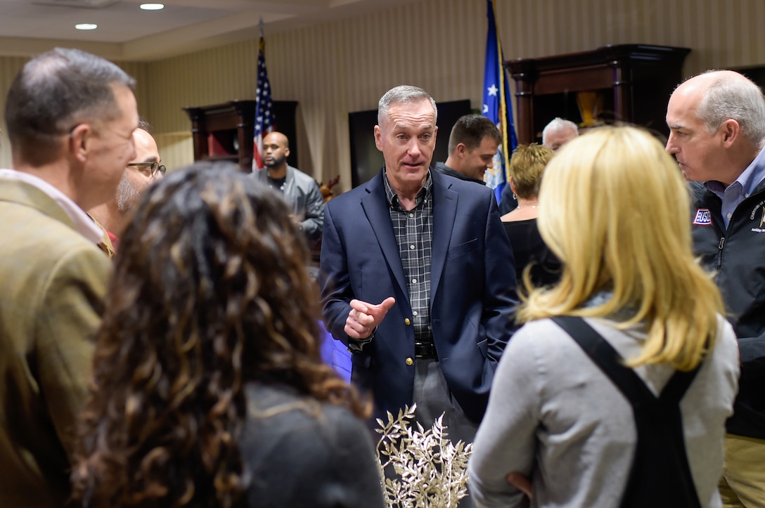 U.S. Marine Corps Gen. Joseph F. Dunford Jr., center, chairman of the Joint Chiefs of Staff, meets with entertainers before leaving Joint Base Andrews, Md., Dec. 4, 2015. Dunford was bringing the group on a three-continent USO tour to entertain U.S. troops during the holiday season. DoD photo by D. Myles Cullen
