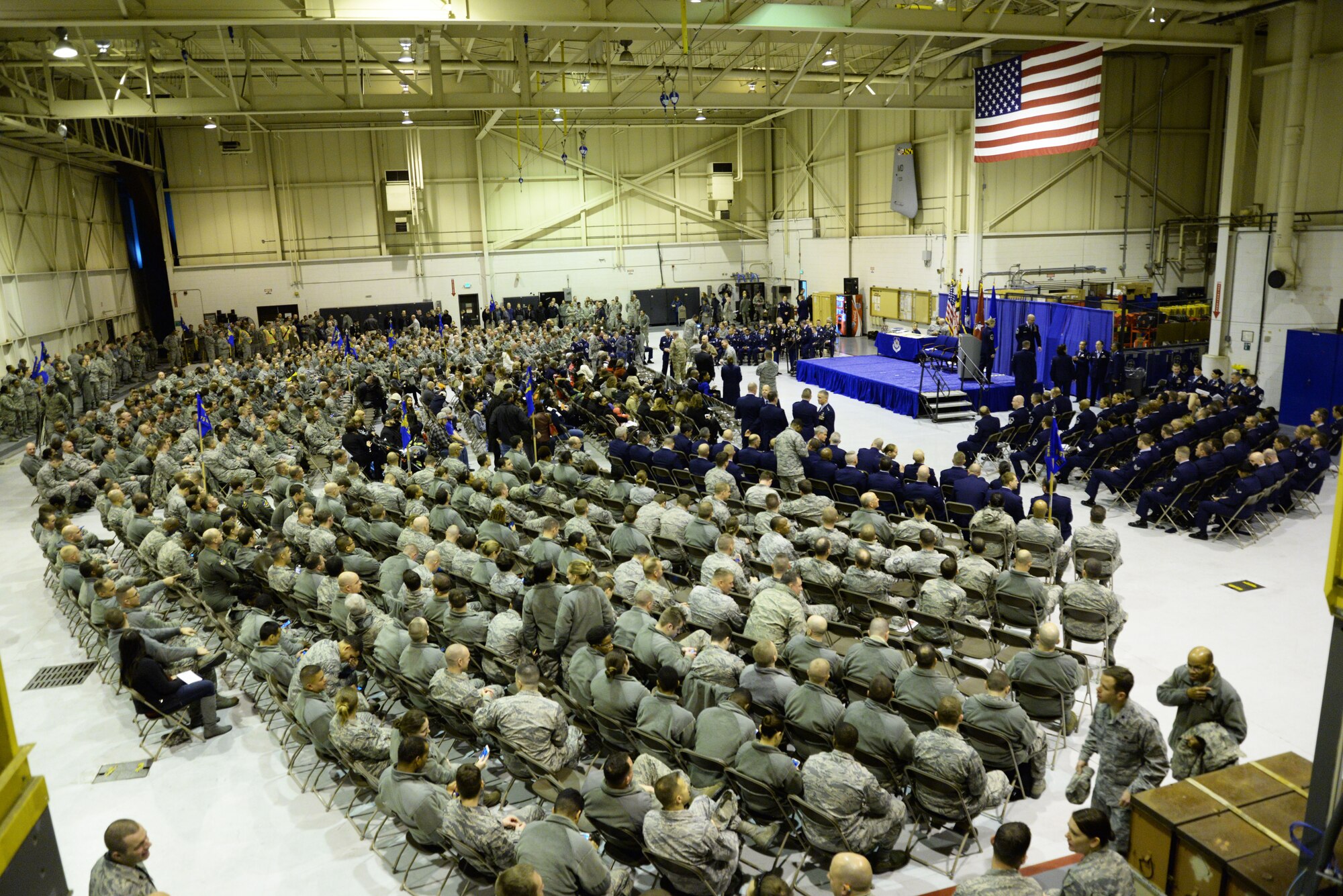 Members of the Maryland Air National Guard, friends and family gather at Warfield Air National Guard Base, Baltimore, Md., for a change of command and the Airman Recognition Ceremony December 6, 2015. During the ceremony Brig. Gen. Randolph Staudenraus assumed command of the 175th Wing from Brig. Gen. Scott L. Kelly. (U.S. Air National Guard photo by Airman 1st Class Enjoli Saunders/RELEASED)