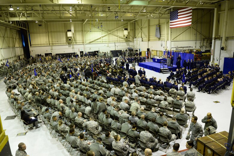 Members of the Maryland Air National Guard, friends and family gather at Warfield Air National Guard Base, Baltimore, Md., for a change of command and the Airman Recognition Ceremony December 6, 2015. During the ceremony Brig. Gen. Randolph Staudenraus assumed command of the 175th Wing from Brig. Gen. Scott L. Kelly. (U.S. Air National Guard photo by Airman 1st Class Enjoli Saunders/RELEASED)