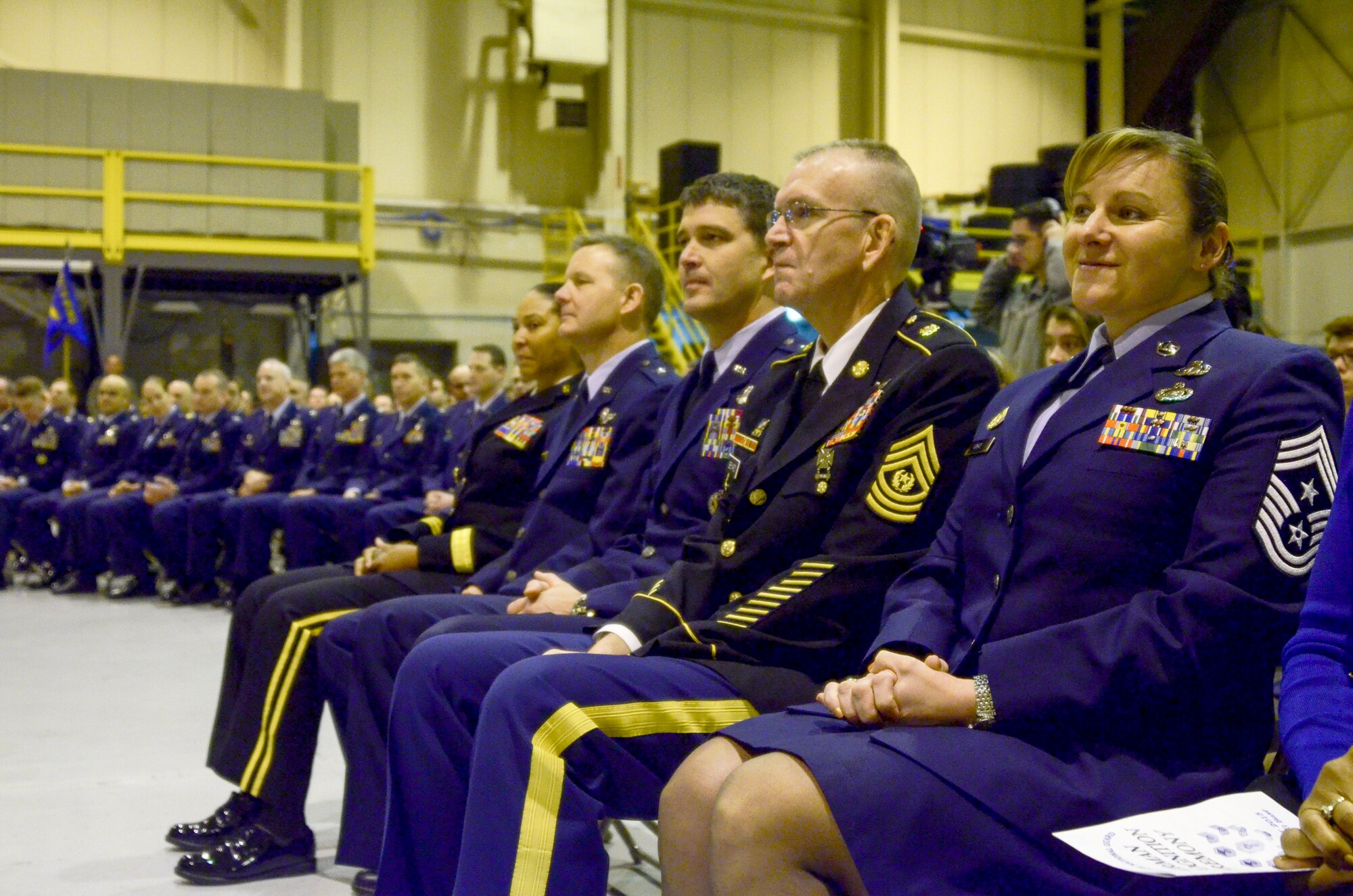 Leadership of the Maryland Air National Guard attend a change of command ceremony at Warfield Air National Guard Base, Baltimore, Md., December 6, 2015. During the ceremony Brig. General Randolph Staudenraus assumed command of the 175th Wing from Brig. Gen. Scott L. Kelly. (U.S. Air National Guard photo by Tech. Sgt. David Speicher/RELEASED)