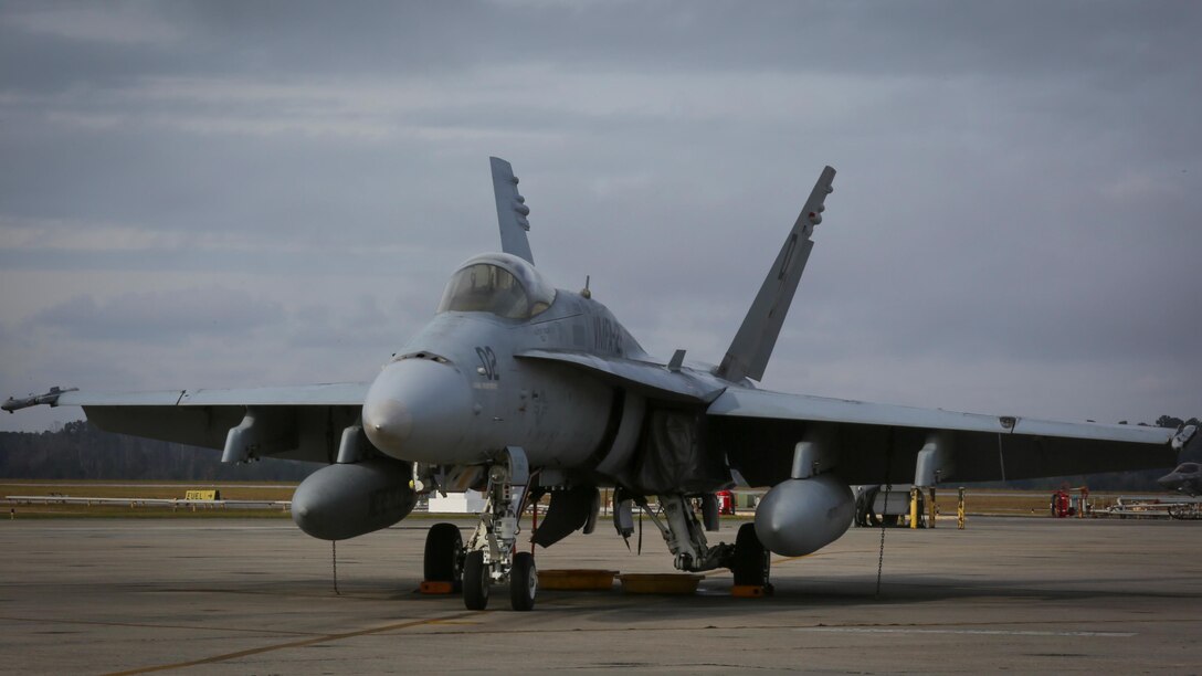 An F/A- 18C Hornet rests on the flight line Dec. 1 aboard Marine Corps Air Station Beaufort, S.C. after returning from Integrated Training Exercise at Marine Corps Air Ground Combat Center, Twentynine Palms, Calif., from Oct. 16- Nov. 20. Marine Fighter Attack Squadron 122 conducted the training exercise to prepare for an upcoming deployment in early 2016 and to increase combat proficiency and readiness. The jet is with VMFA-122, Marine Aircraft Group 31.