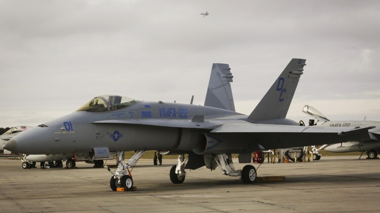 An F/A- 18 C Hornet rests on the flight line Dec. 1 at Marine Corps Air Station Beaufort, S.C. after returning from Integrated Training Exercise at Marine Corps Air-Ground Combat Center Twenty-nine Palms Calif., from Oct. 16- Nov. 20. Marine Fighter Attack Squadron 122 conducted the training exercise to prepare for an upcoming deployment in early 2016. VMFA-122 is with Marine Aircraft Group 31.