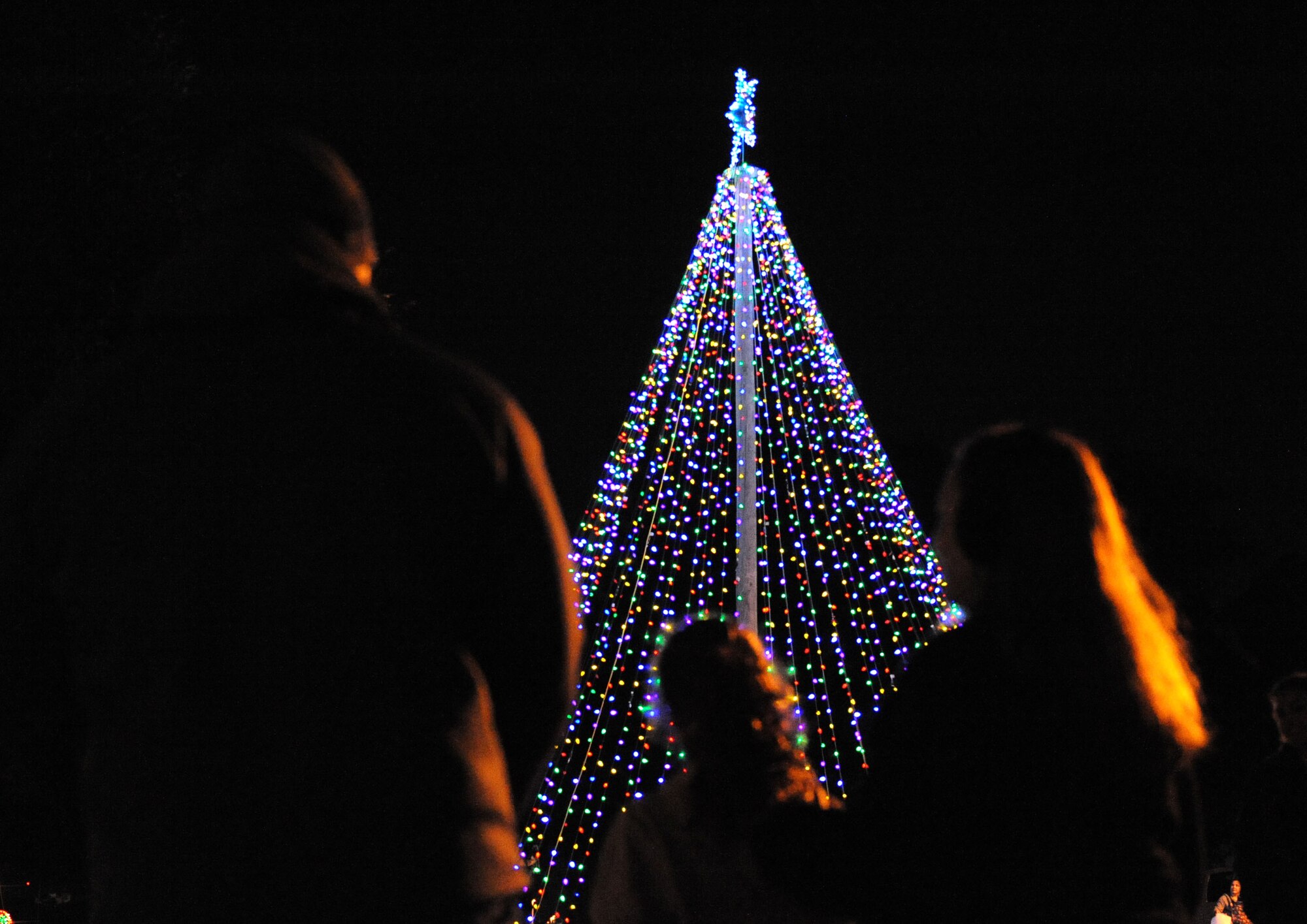 Marine Corps 1st Sgt. Earl DeLack, Keesler Marine Detachment first sergeant, and his family look up at the tree light display following a tree lighting ceremony during Keesler’s annual Christmas in the Park celebration at marina park Dec. 3, 2015, Keesler Air Force Base, Miss. The event, hosted by Outdoor Recreation, included tour train rides, holiday music, cookie and ornament decorating, and visits with Santa. (U.S. Air Force photo by Kemberly Groue)