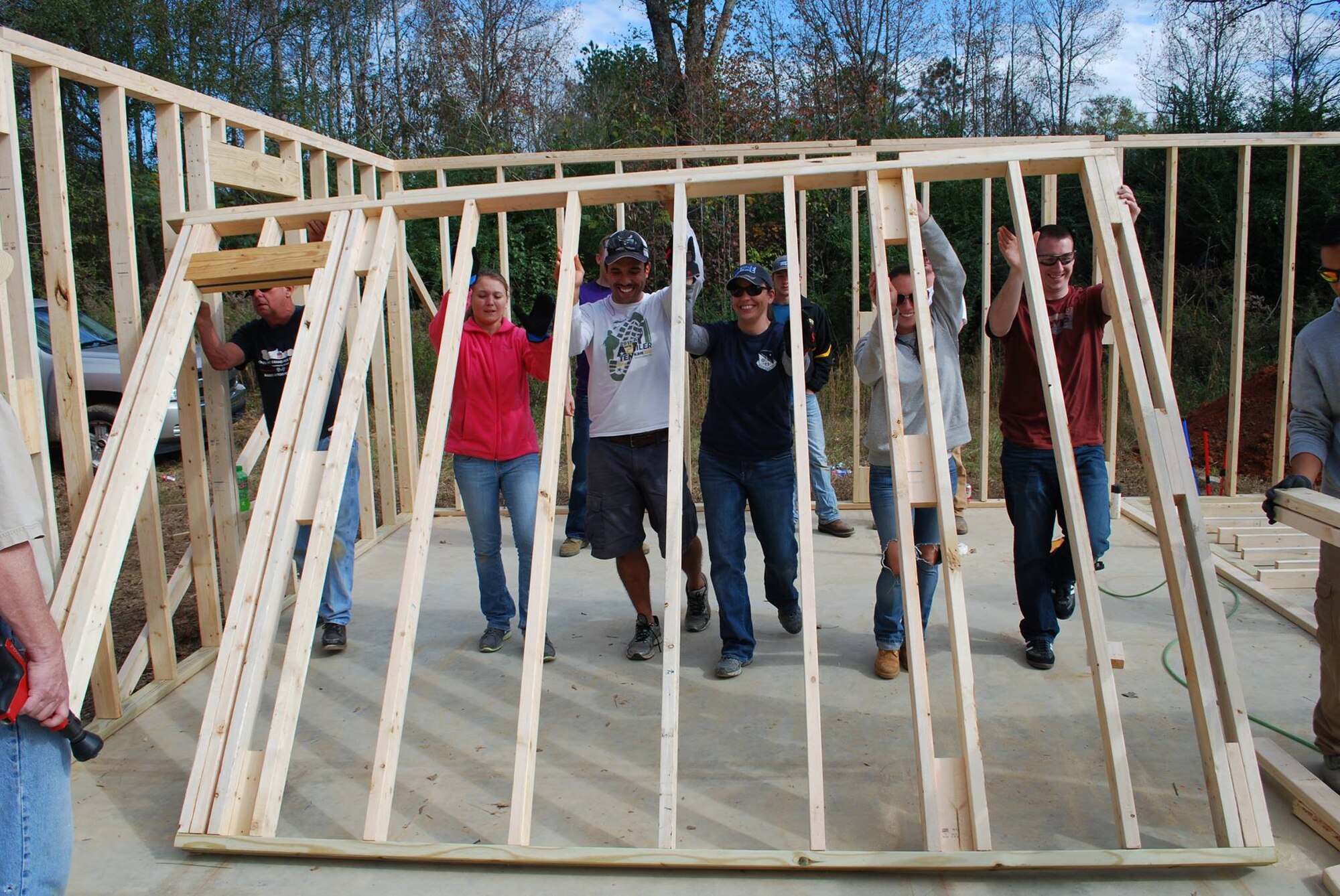 Members from Specialized Undergraduate Pilot Training Class 17-02 worked with Habitat for Humanity Nov. 21 to frame a 1,200-square-foot house in Columbus, Mississippi. In addition to helping a family in need, class members also gained valuable skills using tools such as an air nail gun, ram set gun, power saws, and also learned about the initial framing and layout of a house. (Courtesy photo)