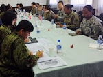 CAMP ITAMI, Japan (Dec. 7, 2015) - Japanese Service members take notes on some of the differences between the way their services approach women in uniform during  a bilateral exchange.  