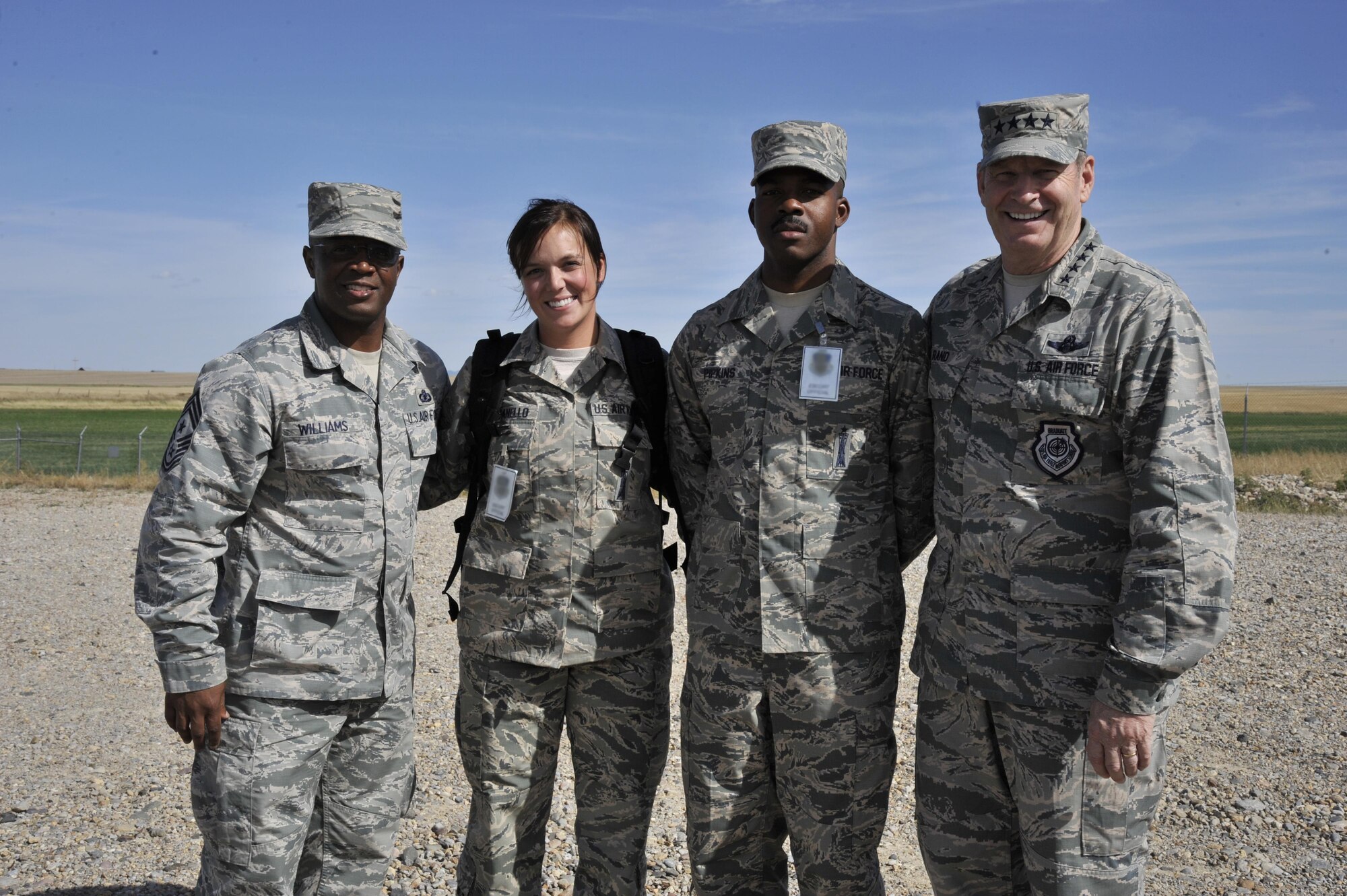 Chief Master Sgt. Calvin Williams, AFGSC command chief, and Gen. Robin Rand, commander of Air Force Global Strike Command, visit with Airmen at Malmstrom in September during a tour of the base. (U.S. Air Force photo/John Turner) 